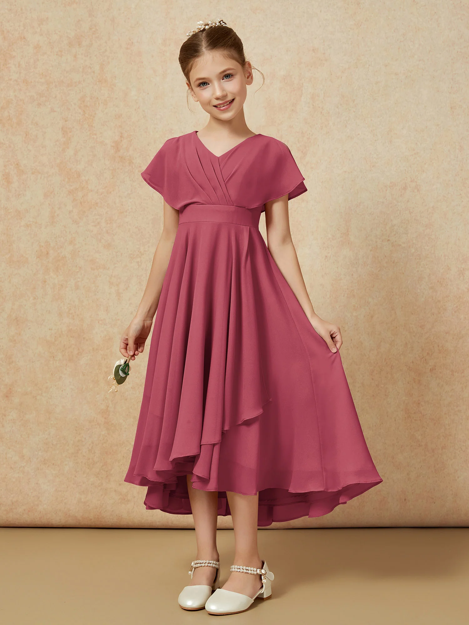 V-neck Chiffon Asymmetrical Junior Bridesmaid Dresses Cinnamon Rose - Image 5