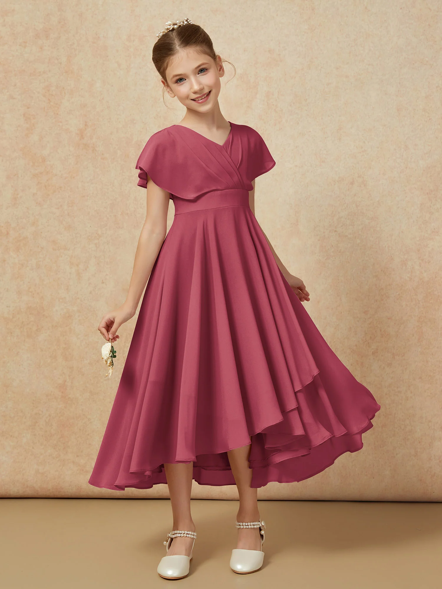 V-neck Chiffon Asymmetrical Junior Bridesmaid Dresses Cinnamon Rose - Image 6