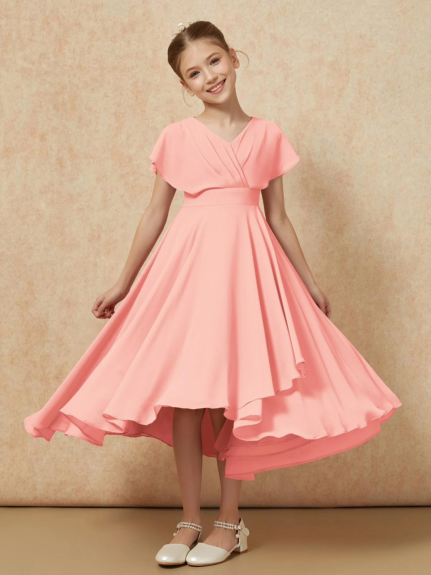 V-neck Chiffon Asymmetrical Junior Bridesmaid Dresses Coral