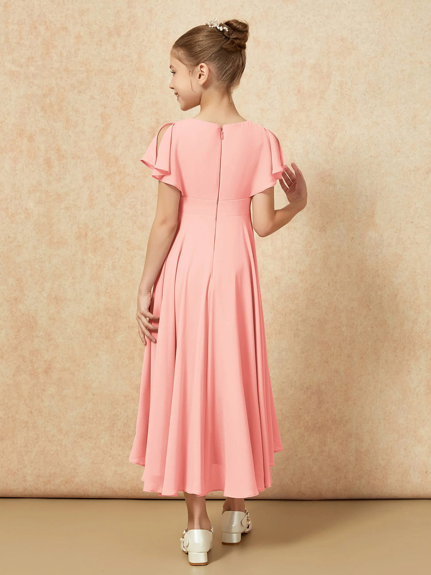 V-neck Chiffon Asymmetrical Junior Bridesmaid Dresses Coral - Image 2