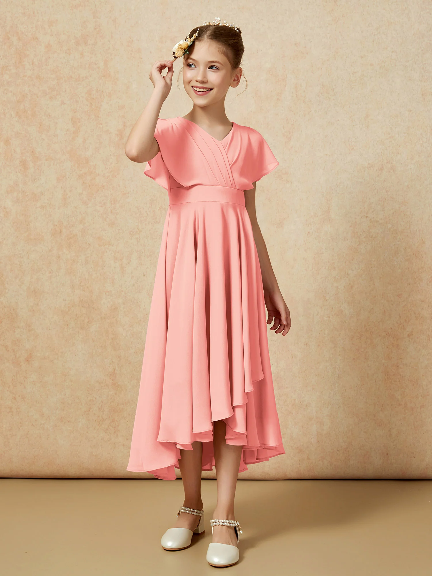 V-neck Chiffon Asymmetrical Junior Bridesmaid Dresses Coral - Image 3