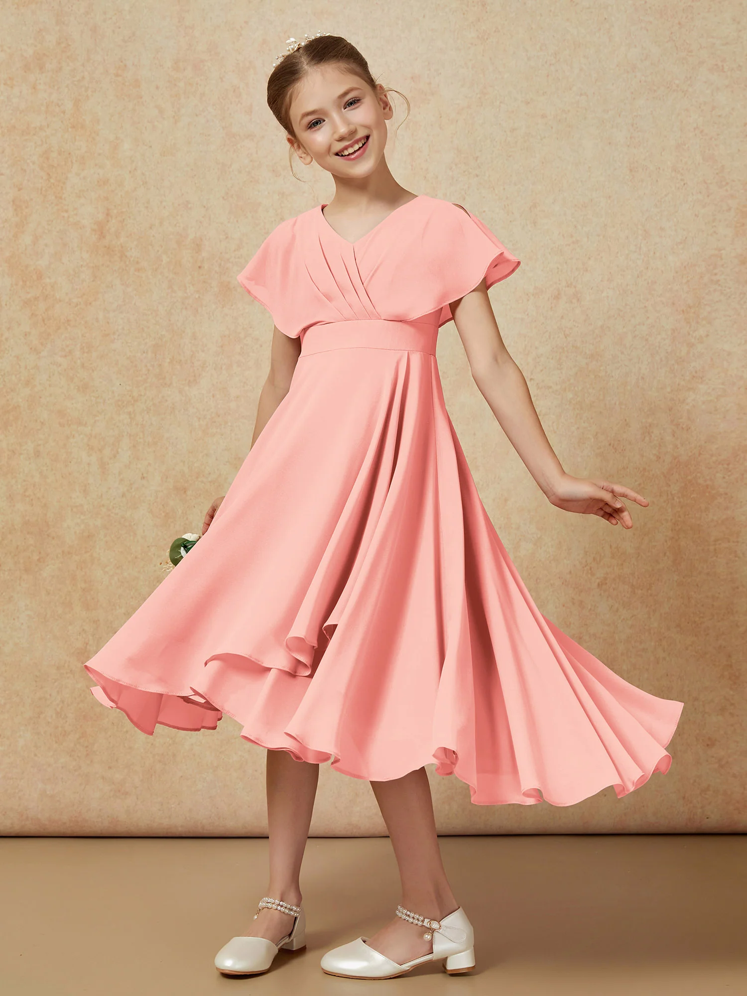 V-neck Chiffon Asymmetrical Junior Bridesmaid Dresses Coral - Image 4