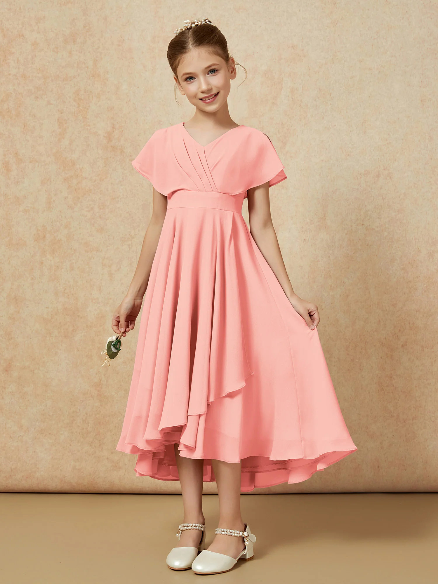V-neck Chiffon Asymmetrical Junior Bridesmaid Dresses Coral - Image 5
