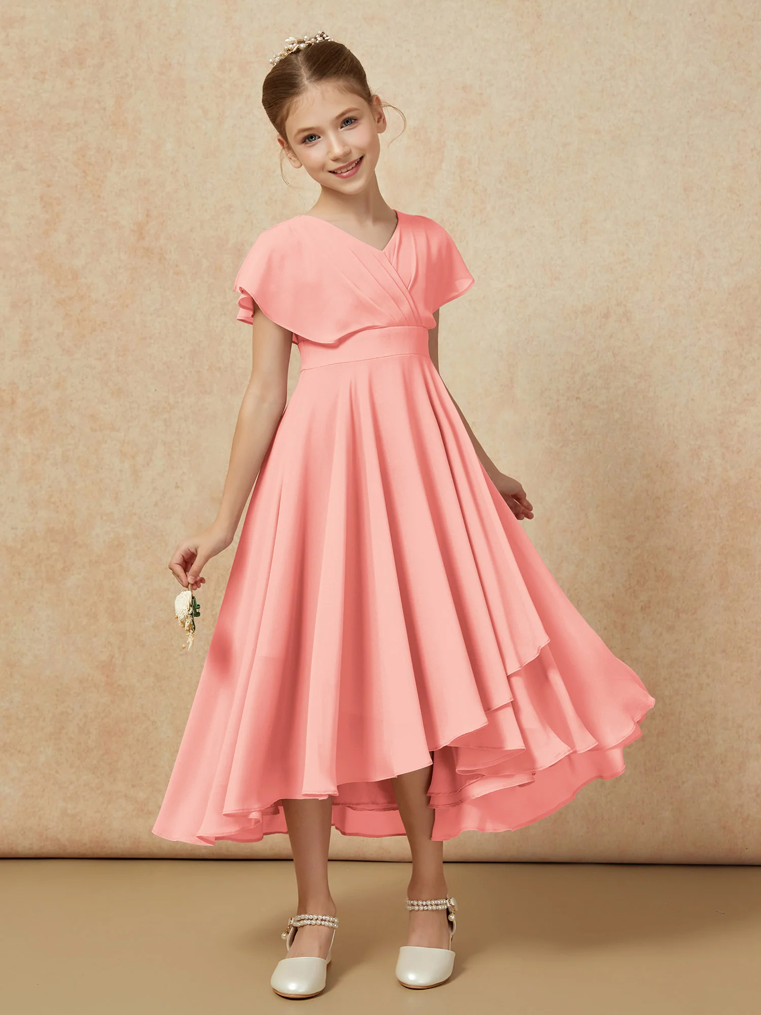 V-neck Chiffon Asymmetrical Junior Bridesmaid Dresses Coral - Image 6