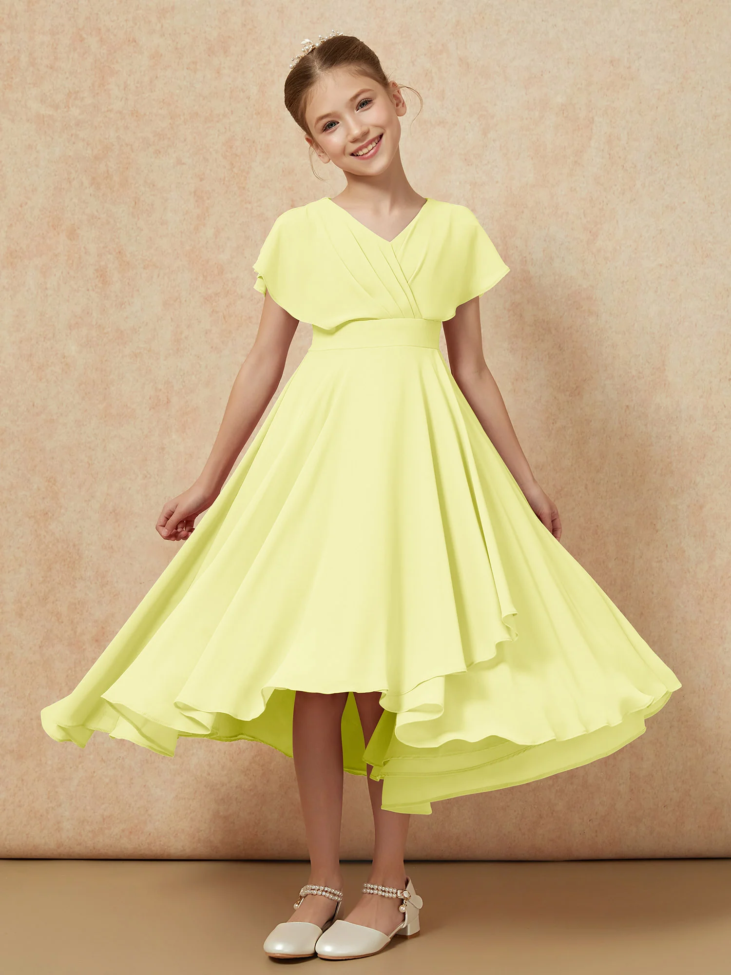 V-neck Chiffon Asymmetrical Junior Bridesmaid Dresses Daffodil