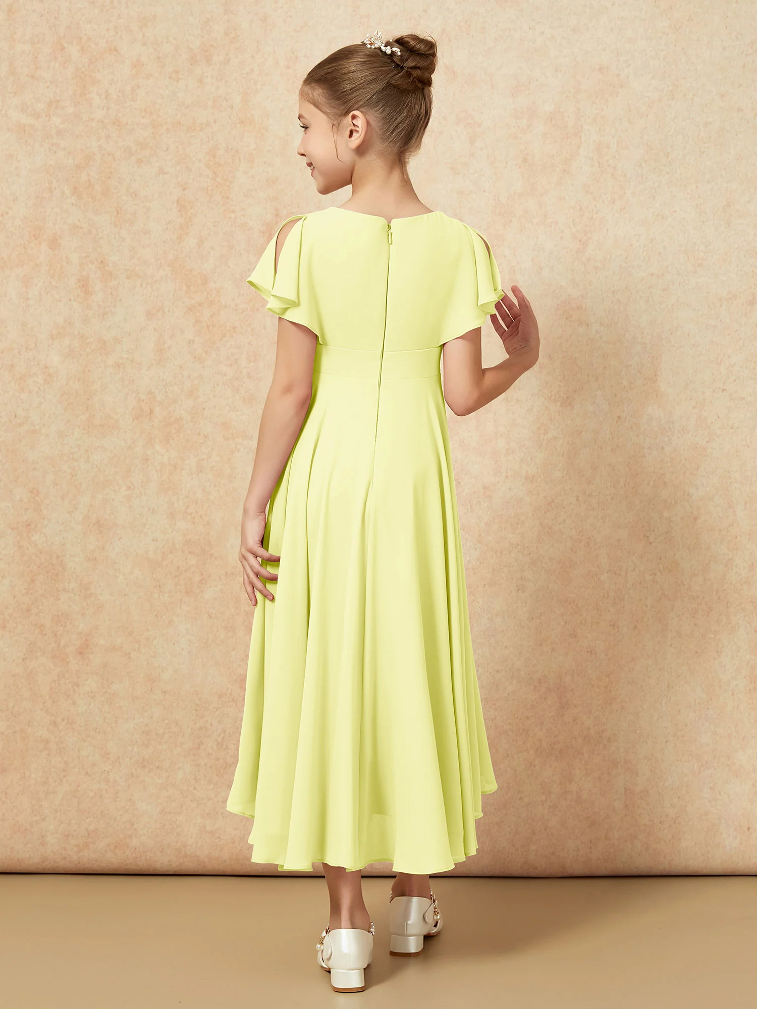 V-neck Chiffon Asymmetrical Junior Bridesmaid Dresses Daffodil - Image 2