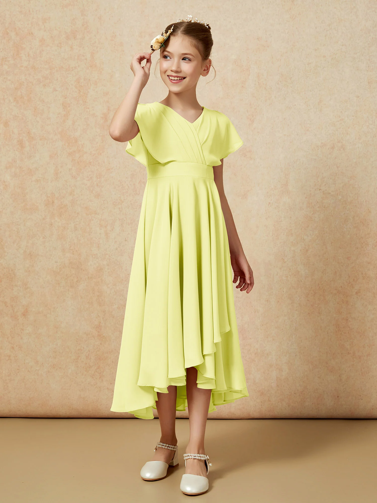 V-neck Chiffon Asymmetrical Junior Bridesmaid Dresses Daffodil - Image 3