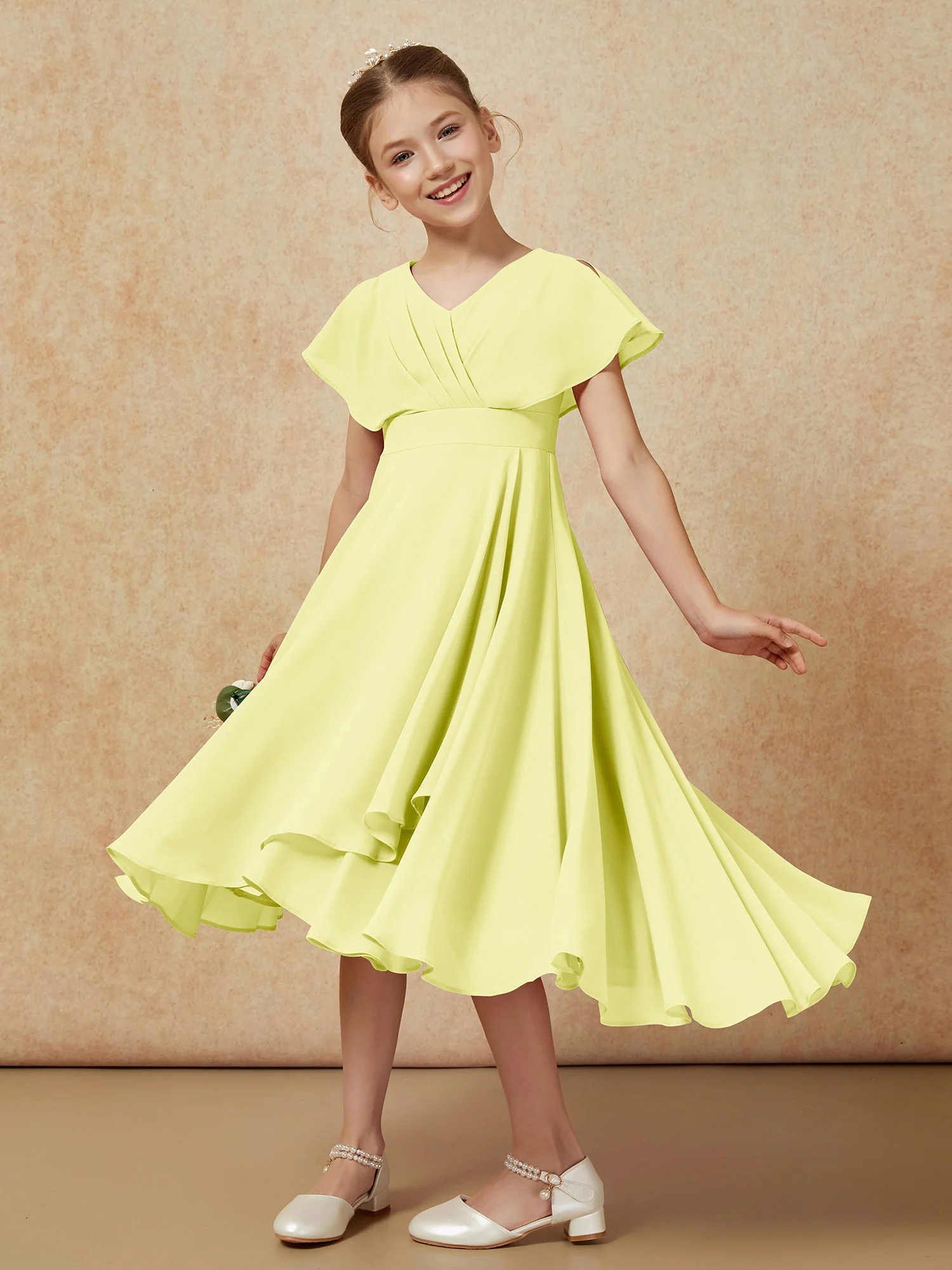 V-neck Chiffon Asymmetrical Junior Bridesmaid Dresses Daffodil - Image 4