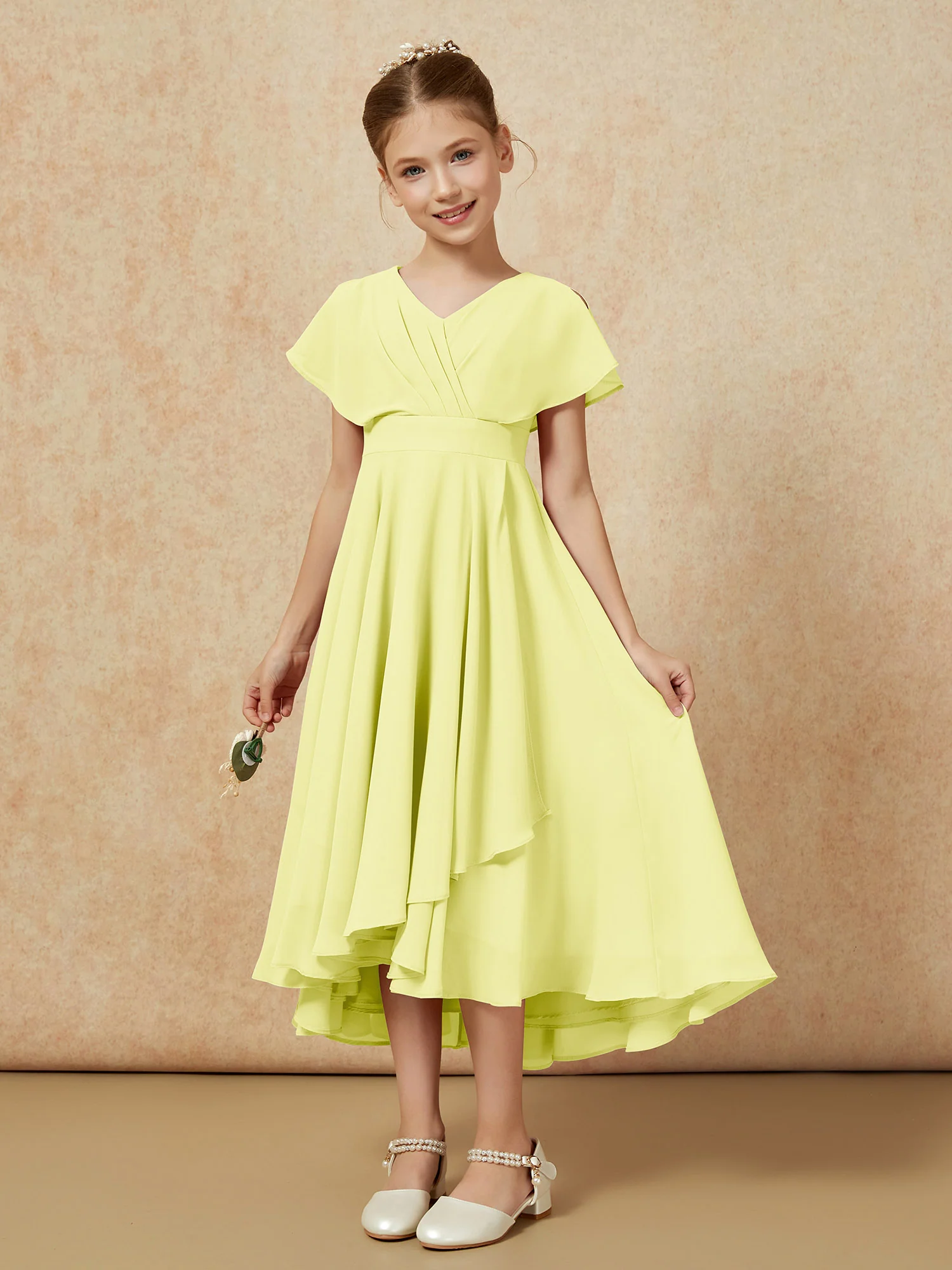 V-neck Chiffon Asymmetrical Junior Bridesmaid Dresses Daffodil - Image 5