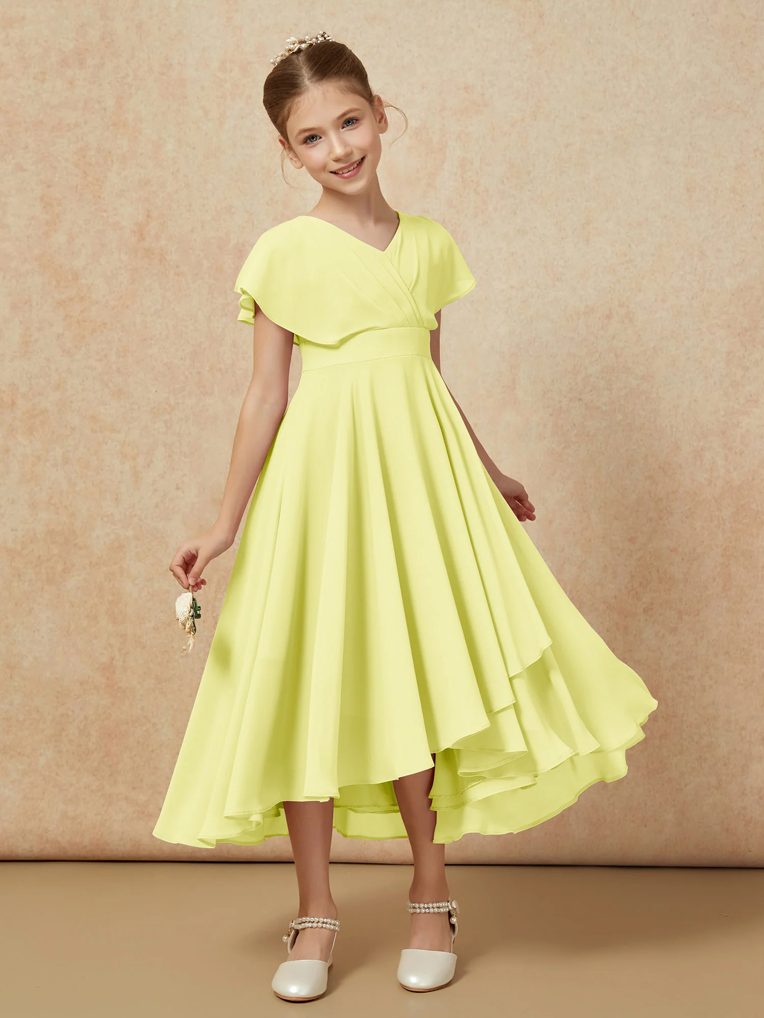 V-neck Chiffon Asymmetrical Junior Bridesmaid Dresses Daffodil - Image 6