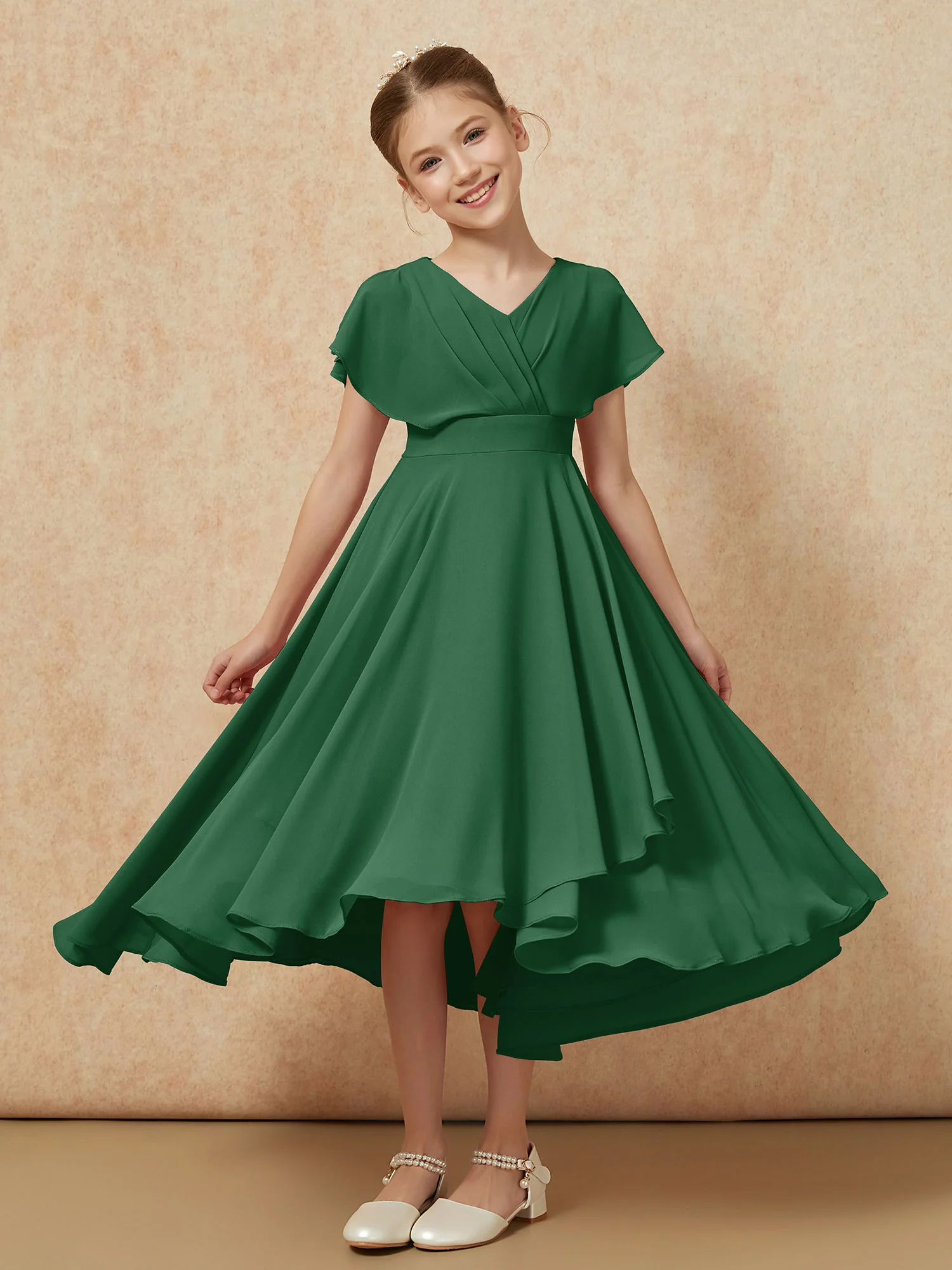 V-neck Chiffon Asymmetrical Junior Bridesmaid Dresses Dark Green