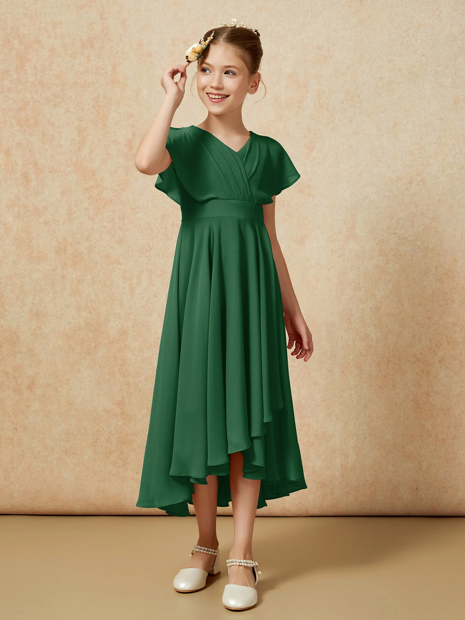 V-neck Chiffon Asymmetrical Junior Bridesmaid Dresses Dark Green - Image 3