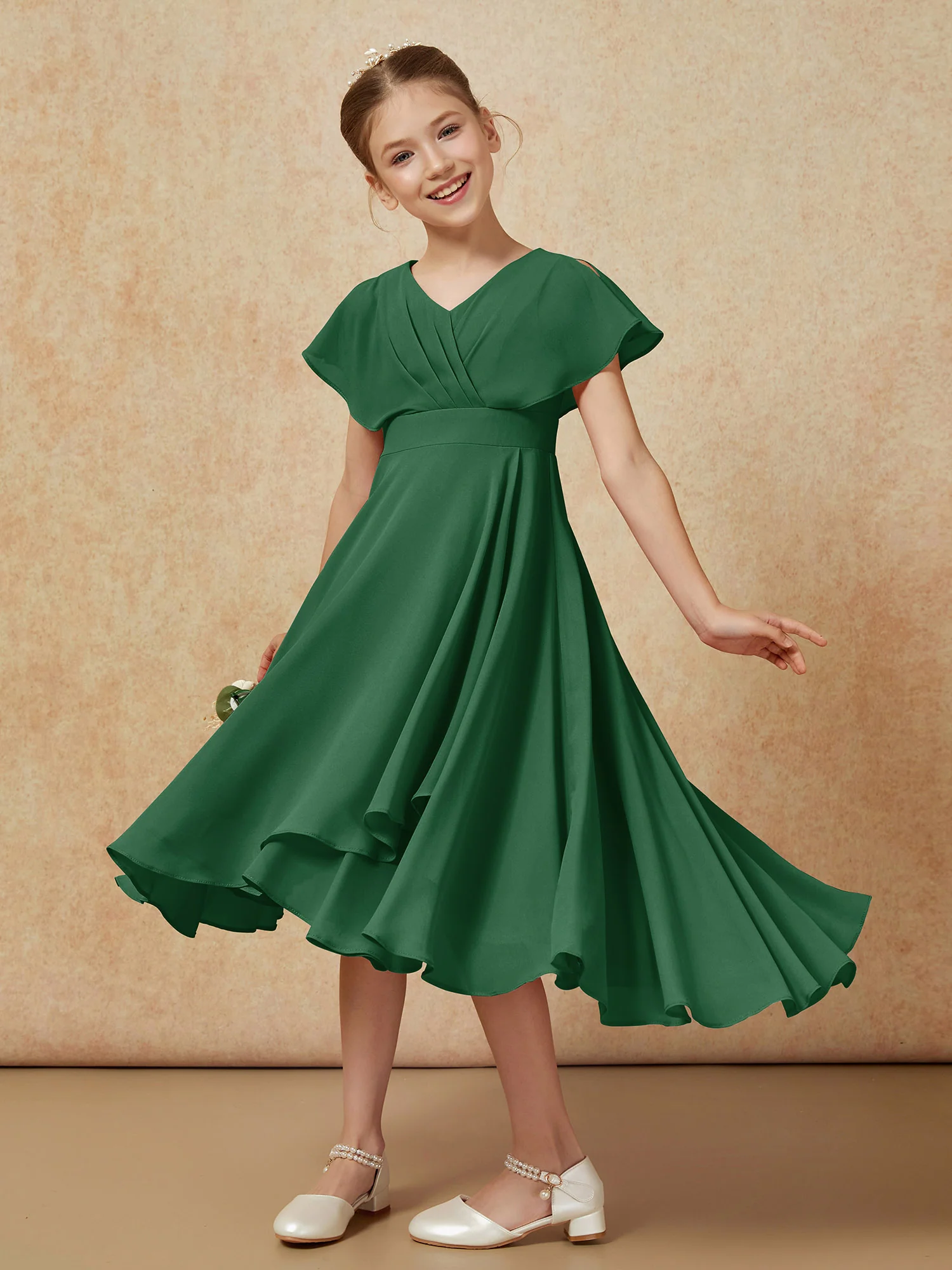 V-neck Chiffon Asymmetrical Junior Bridesmaid Dresses Dark Green - Image 4
