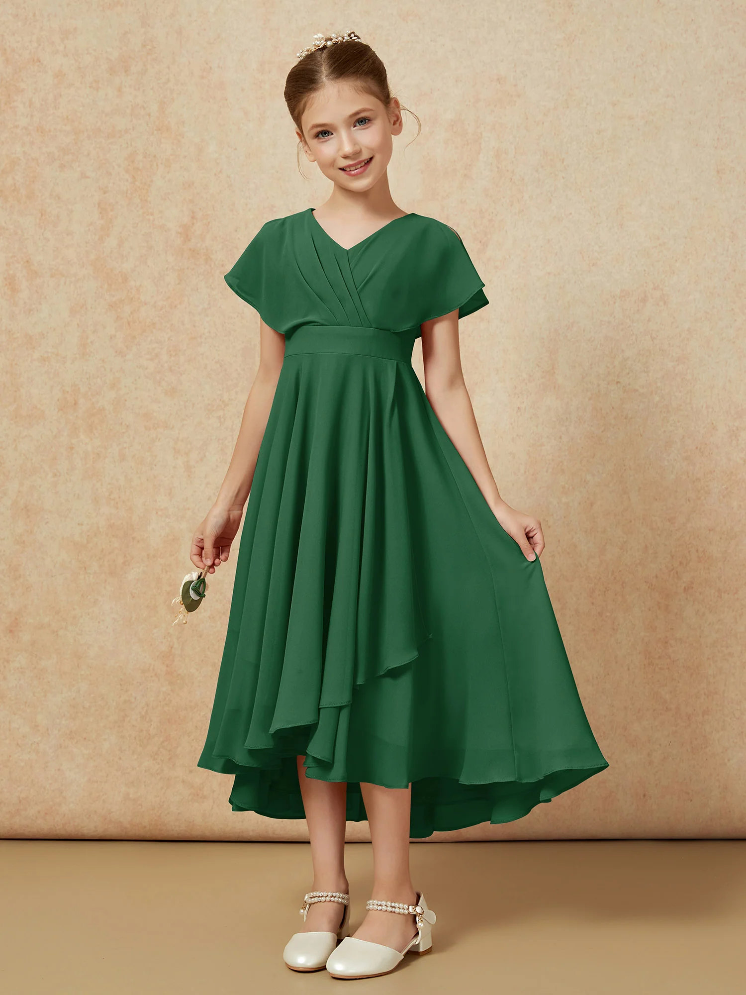 V-neck Chiffon Asymmetrical Junior Bridesmaid Dresses Dark Green - Image 5