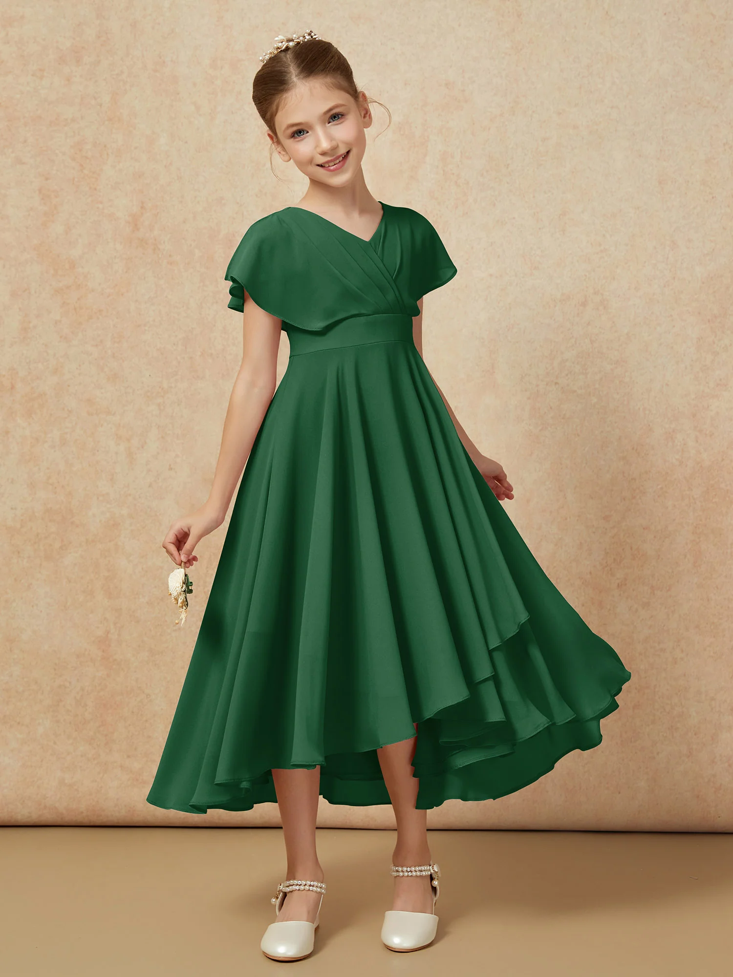 V-neck Chiffon Asymmetrical Junior Bridesmaid Dresses Dark Green - Image 6
