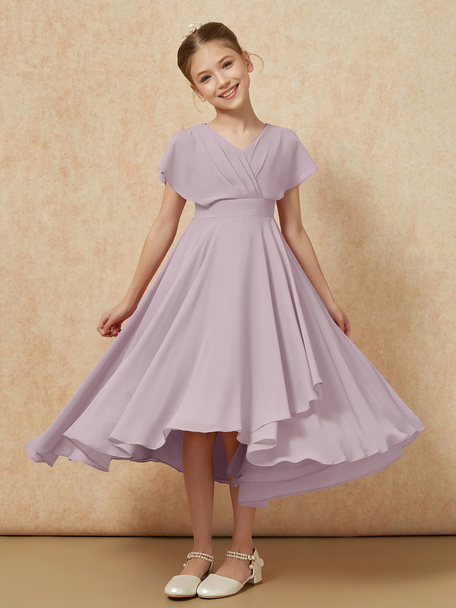 V-neck Chiffon Asymmetrical Junior Bridesmaid Dresses Dusk