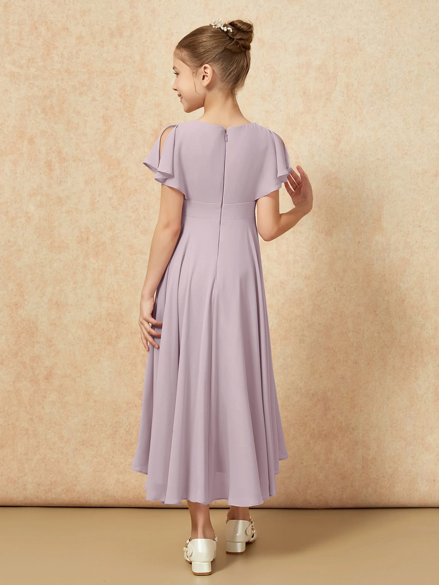 V-neck Chiffon Asymmetrical Junior Bridesmaid Dresses Dusk - Image 2