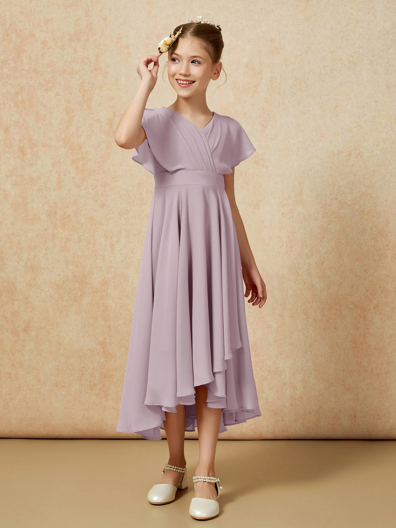 V-neck Chiffon Asymmetrical Junior Bridesmaid Dresses Dusk - Image 3