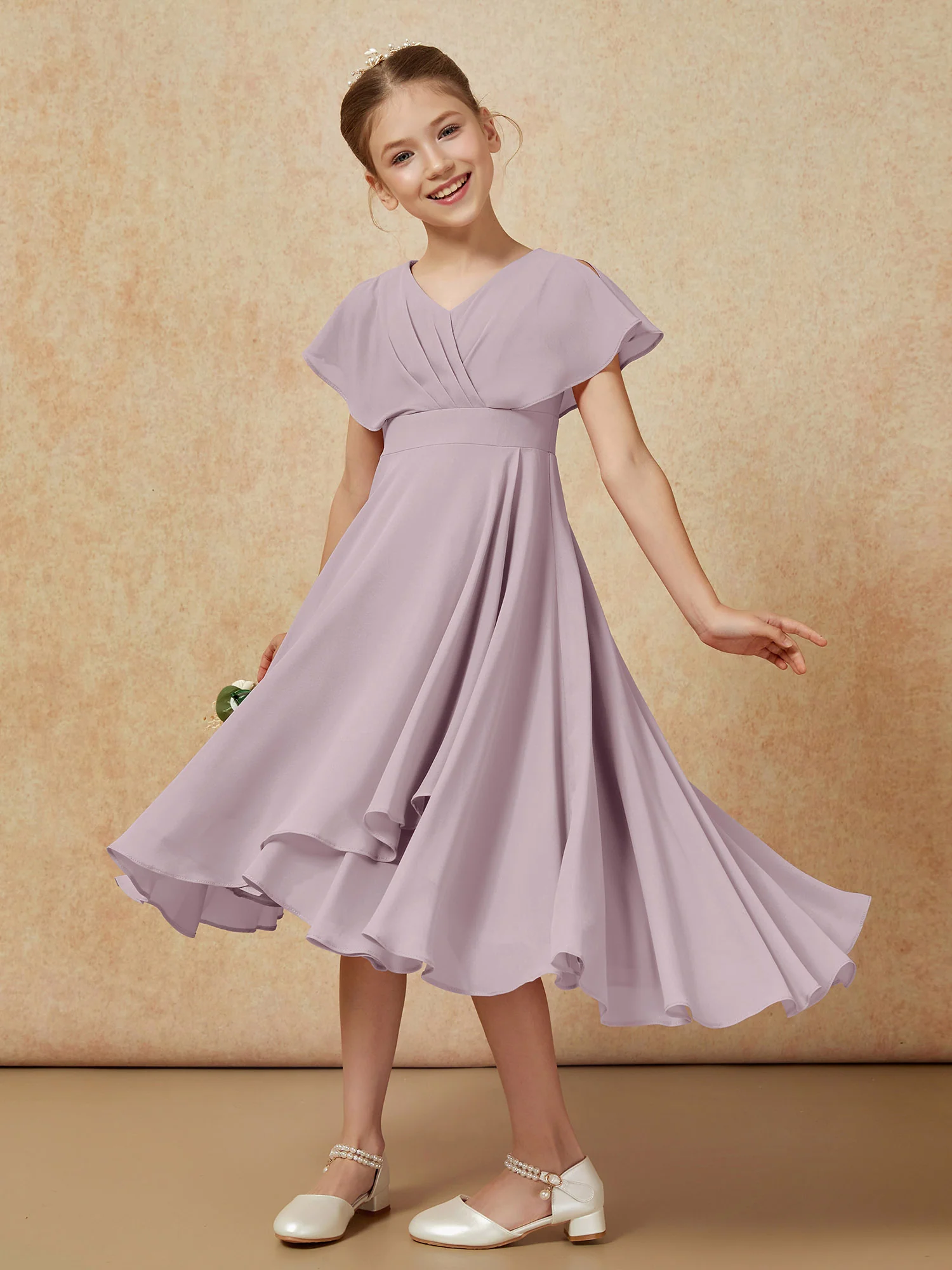 V-neck Chiffon Asymmetrical Junior Bridesmaid Dresses Dusk - Image 4