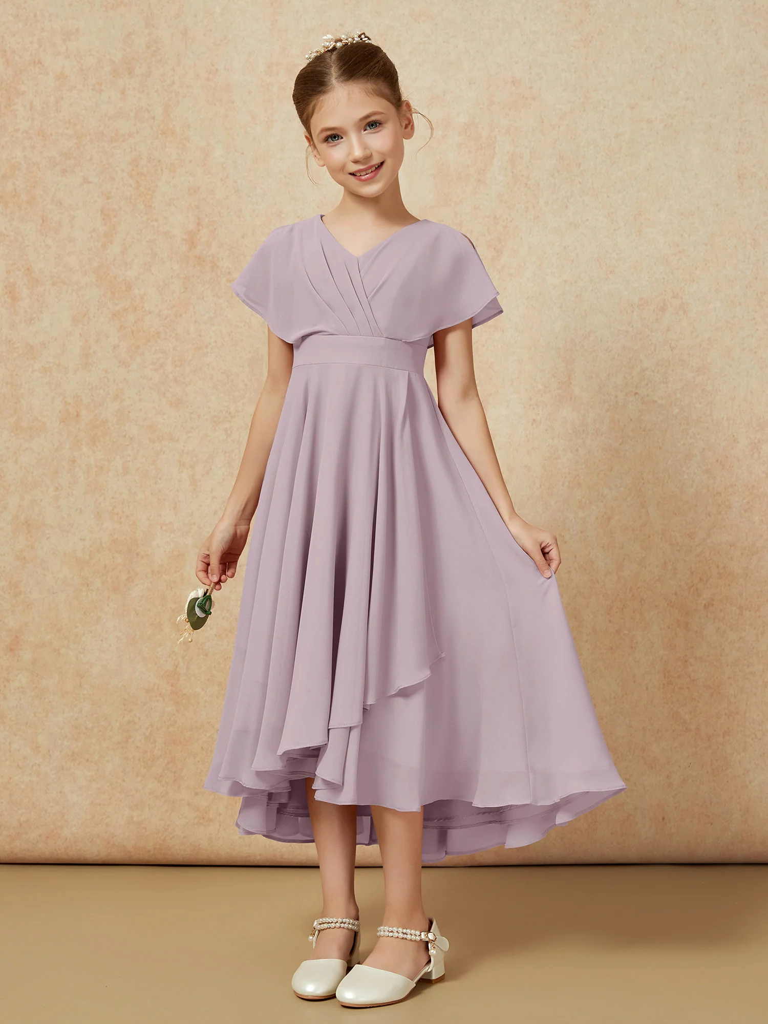 V-neck Chiffon Asymmetrical Junior Bridesmaid Dresses Dusk - Image 5