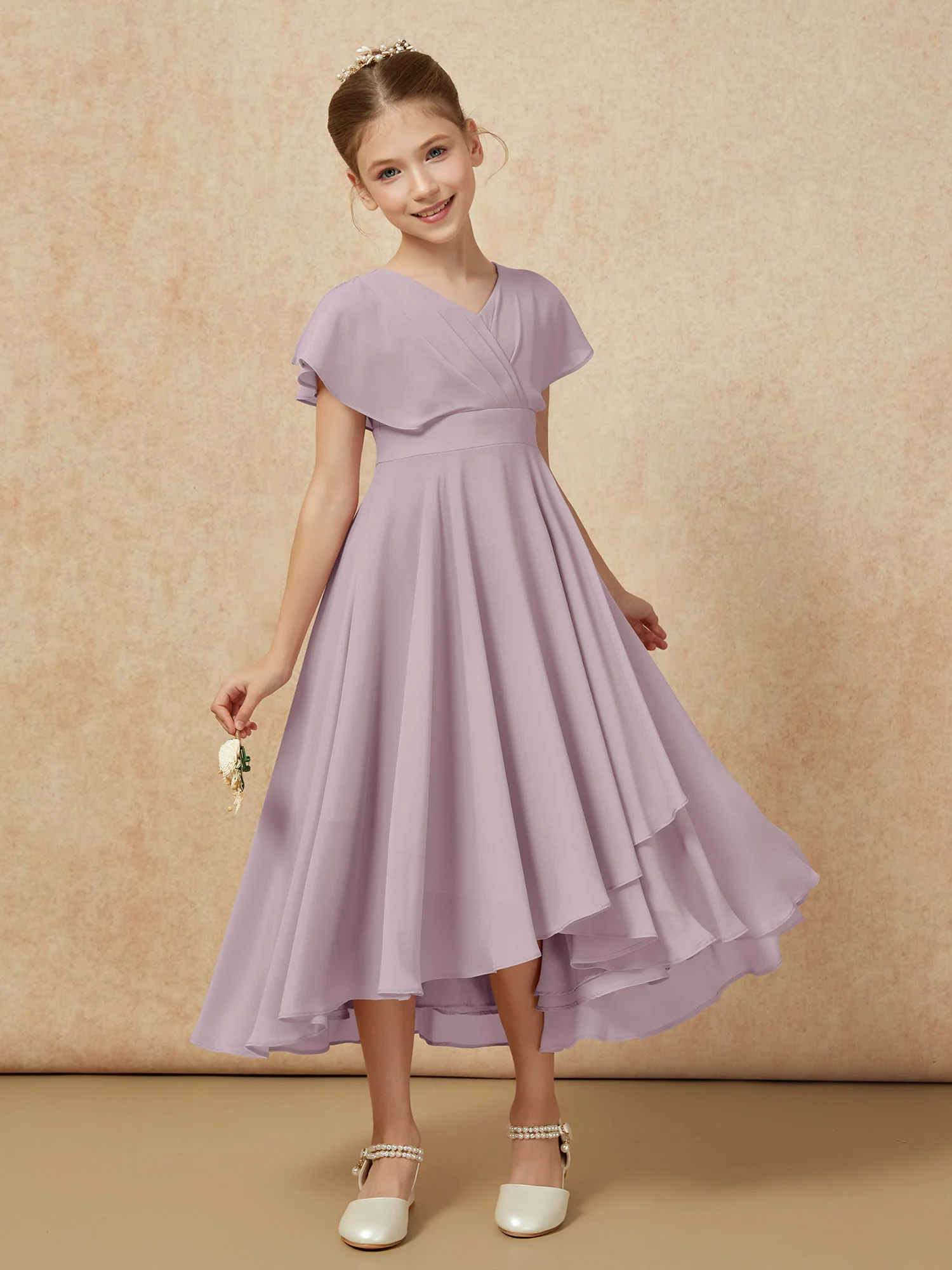 V-neck Chiffon Asymmetrical Junior Bridesmaid Dresses Dusk - Image 6
