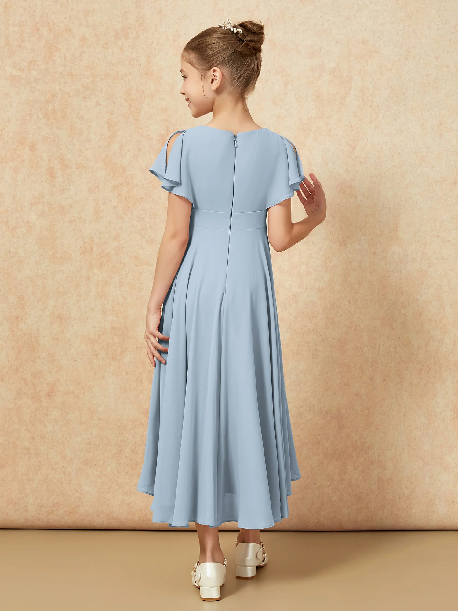 V-neck Chiffon Asymmetrical Junior Bridesmaid Dresses Dusty Blue - Image 2
