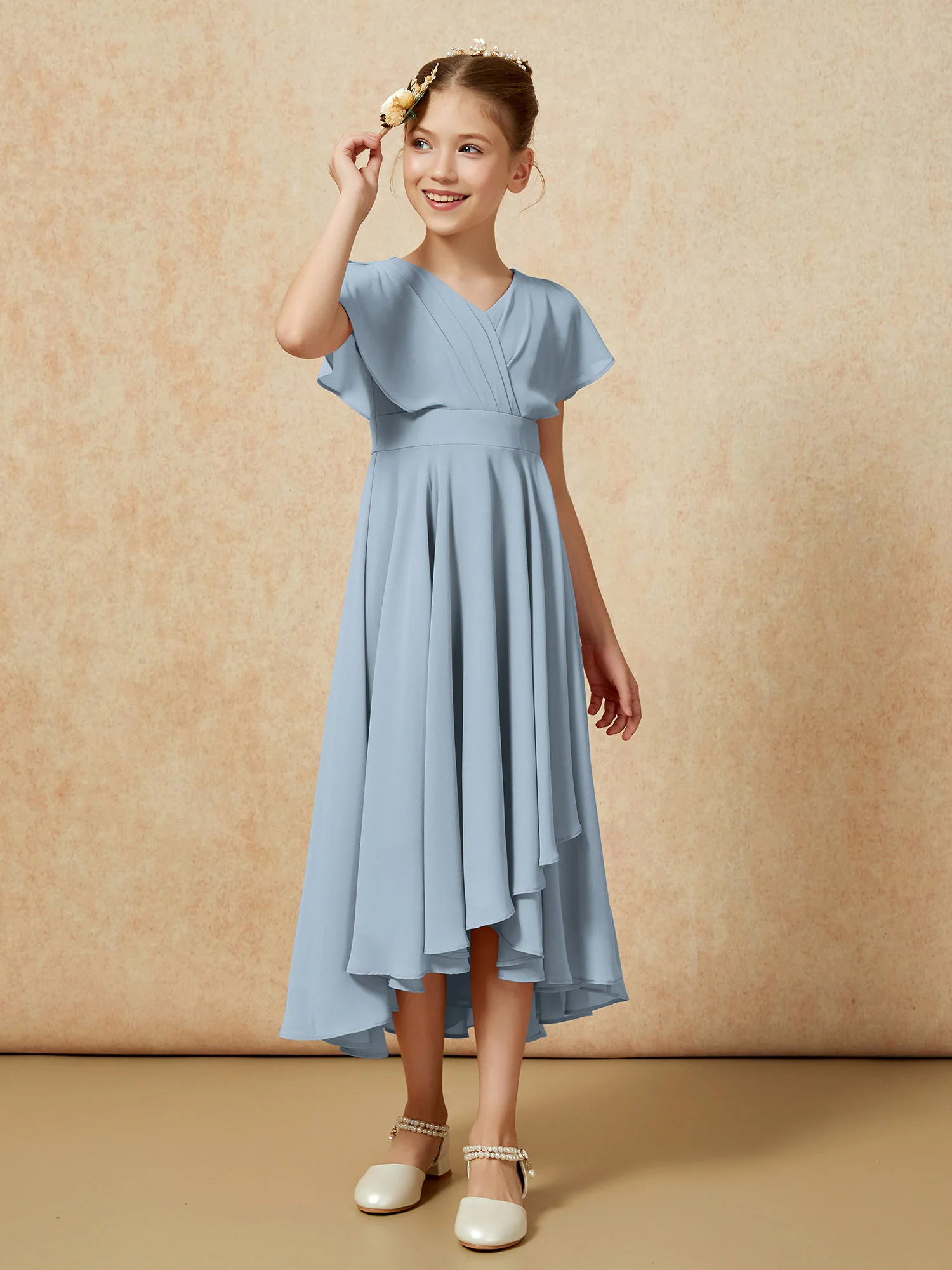V-neck Chiffon Asymmetrical Junior Bridesmaid Dresses Dusty Blue - Image 3