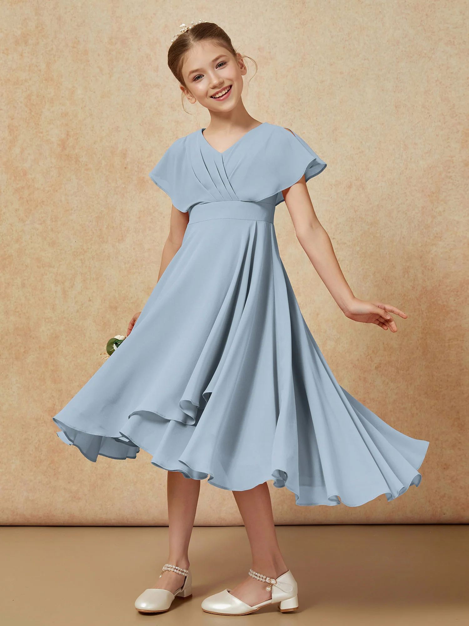 V-neck Chiffon Asymmetrical Junior Bridesmaid Dresses Dusty Blue - Image 4