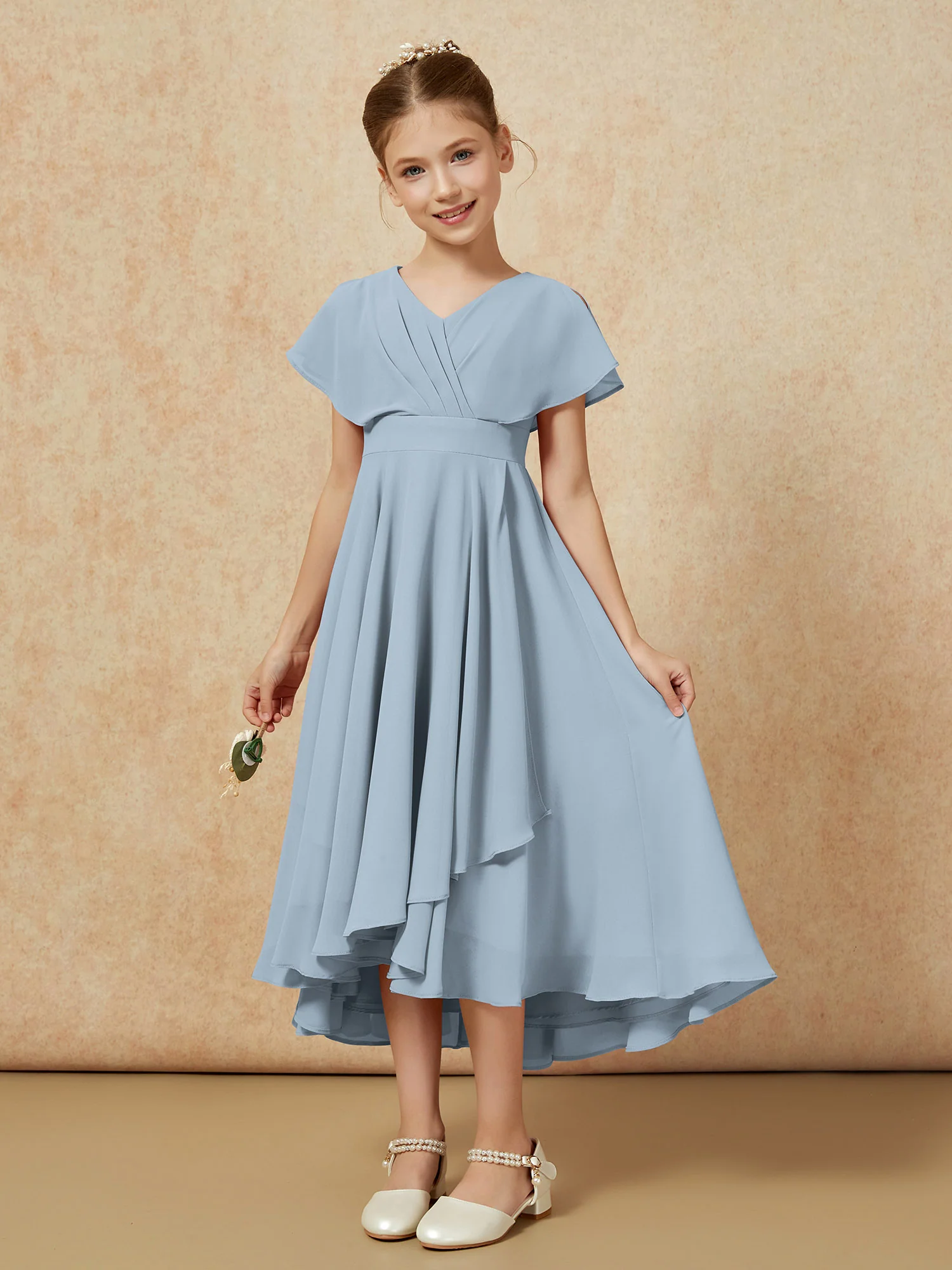 V-neck Chiffon Asymmetrical Junior Bridesmaid Dresses Dusty Blue - Image 5