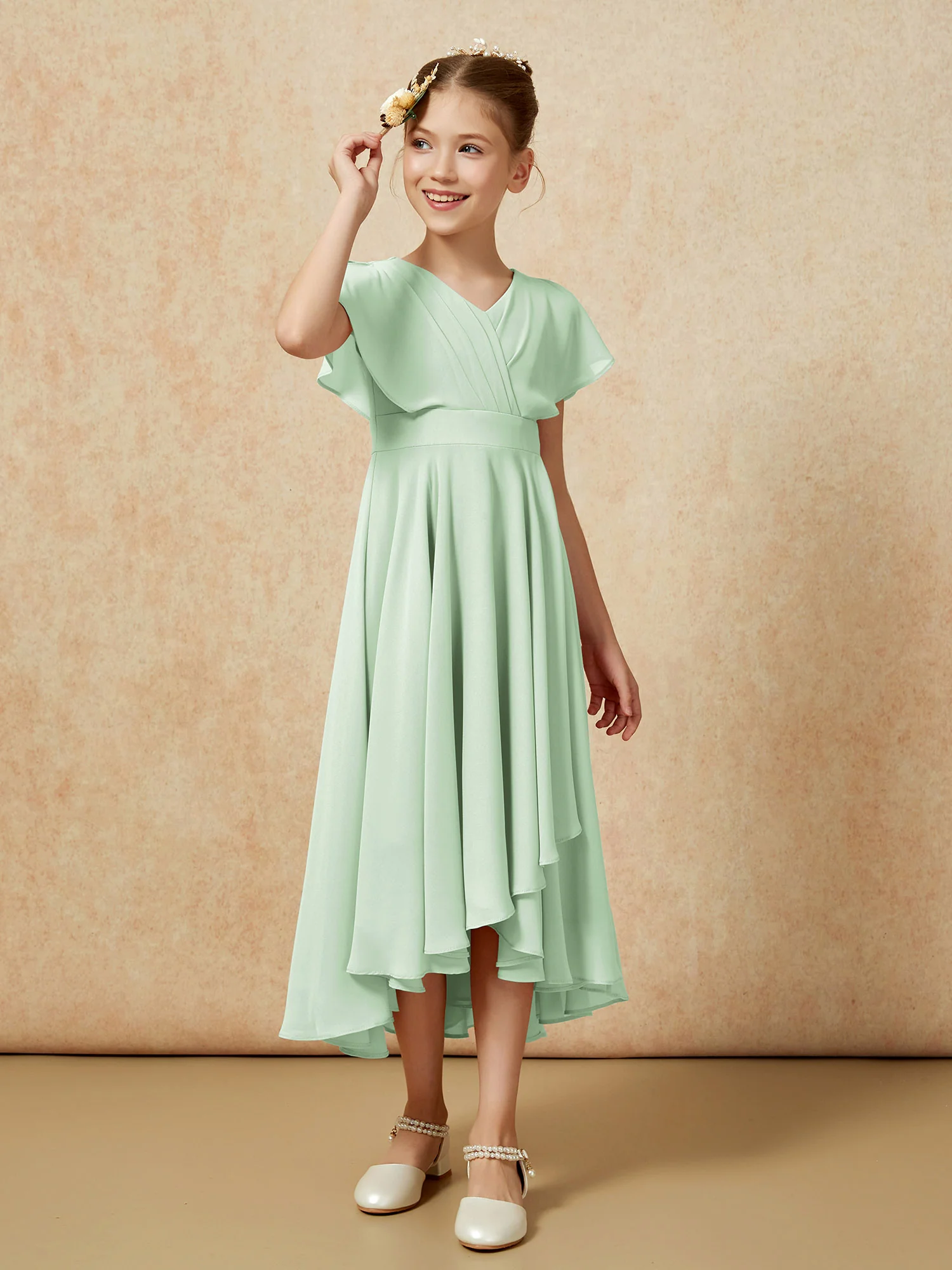 V-neck Chiffon Asymmetrical Junior Bridesmaid Dresses Dusty Sage - Image 3