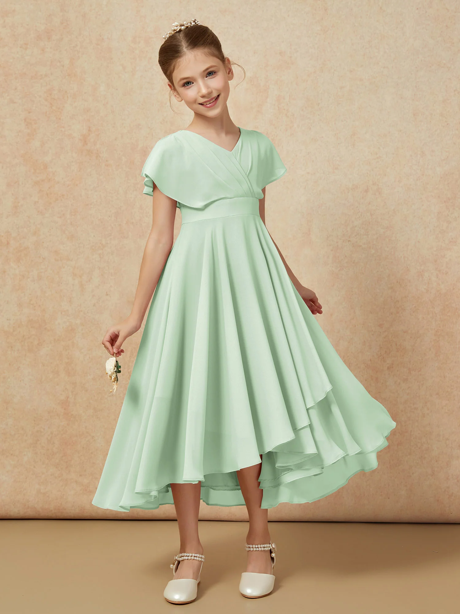 V-neck Chiffon Asymmetrical Junior Bridesmaid Dresses Dusty Sage - Image 6