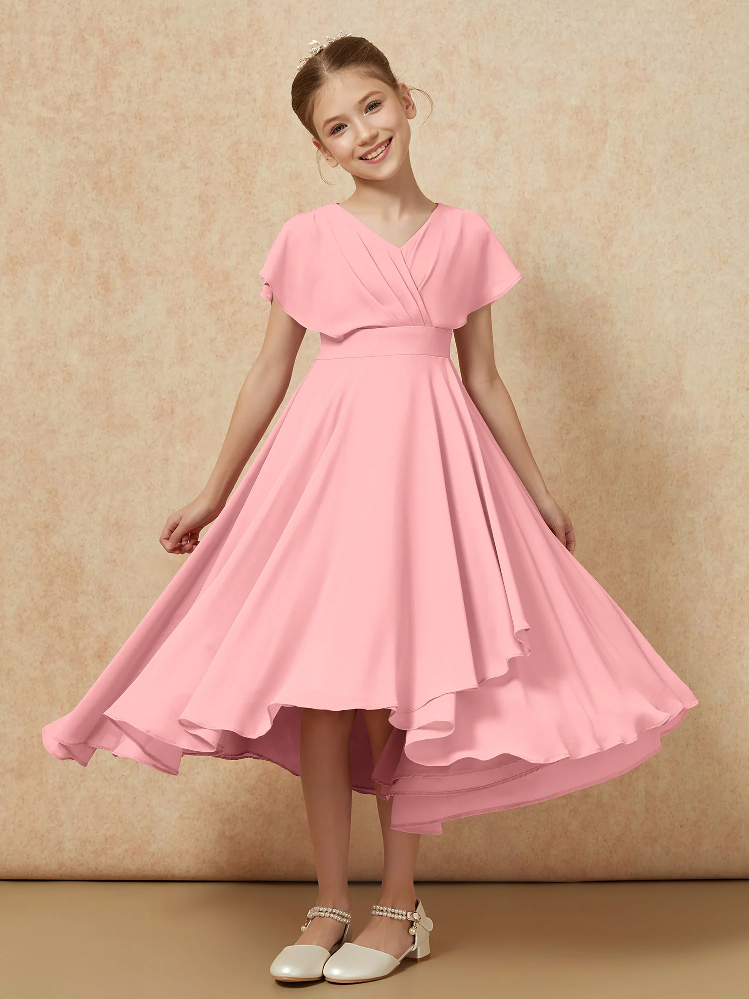 V-neck Chiffon Asymmetrical Junior Bridesmaid Dresses Flamingo