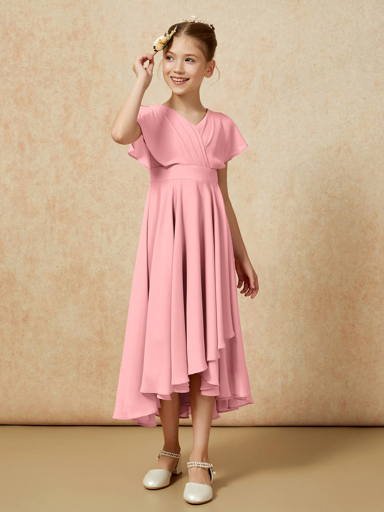 V-neck Chiffon Asymmetrical Junior Bridesmaid Dresses Flamingo - Image 3