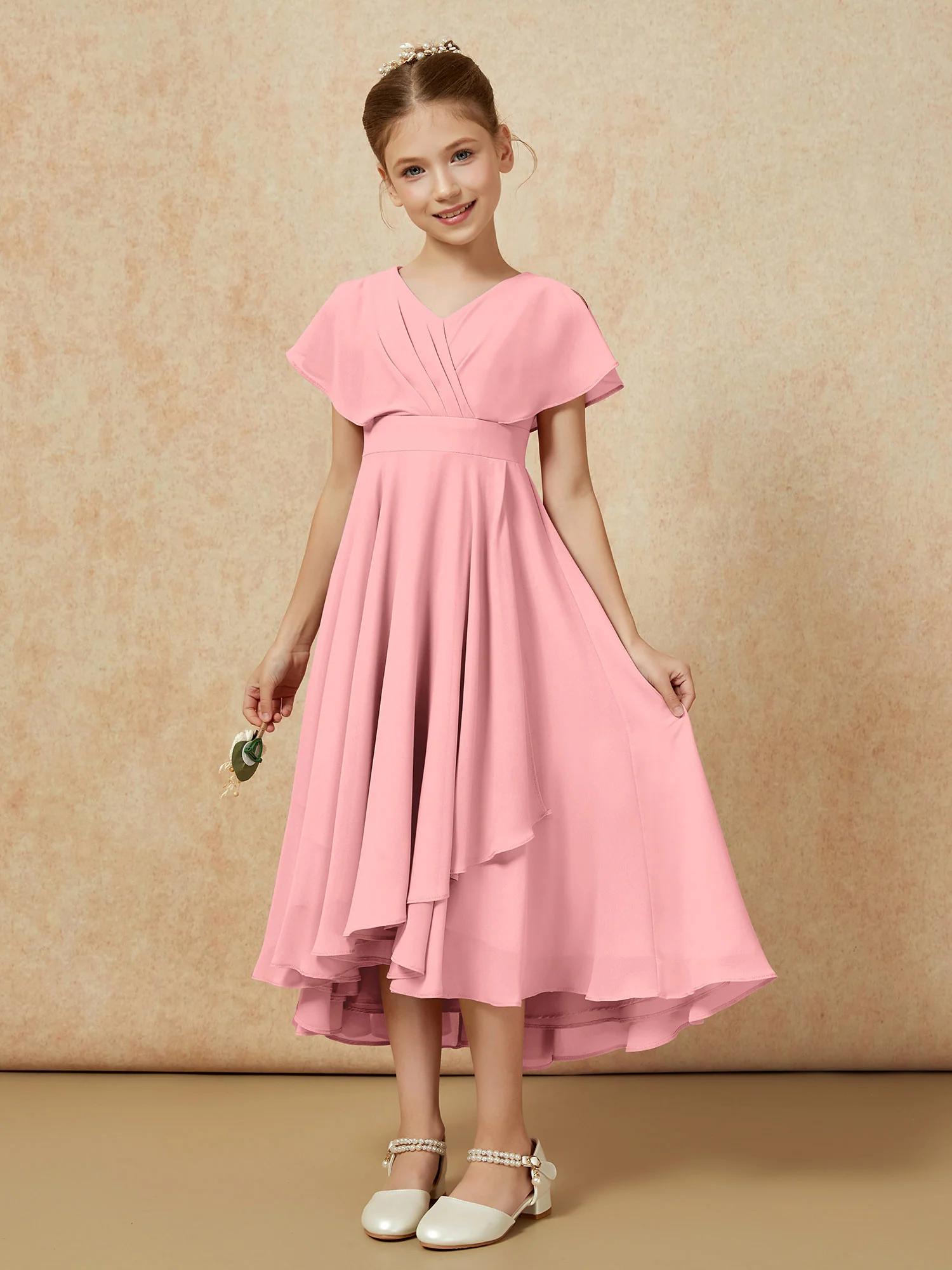 V-neck Chiffon Asymmetrical Junior Bridesmaid Dresses Flamingo - Image 5