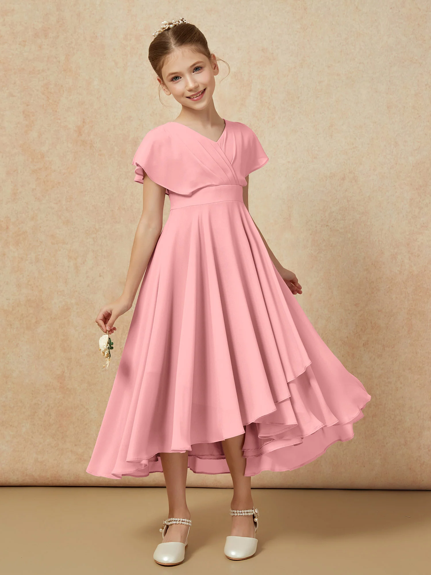 V-neck Chiffon Asymmetrical Junior Bridesmaid Dresses Flamingo - Image 6