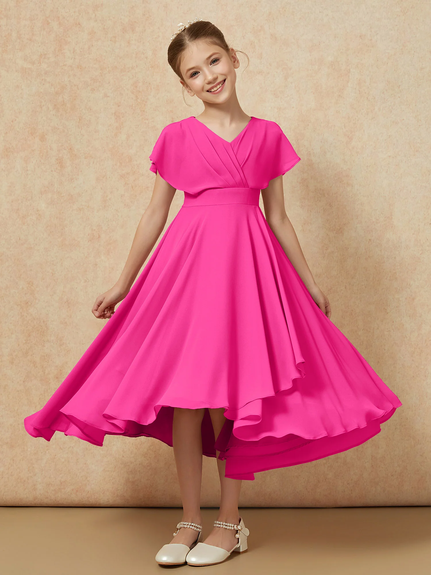 V-neck Chiffon Asymmetrical Junior Bridesmaid Dresses Fuchsia