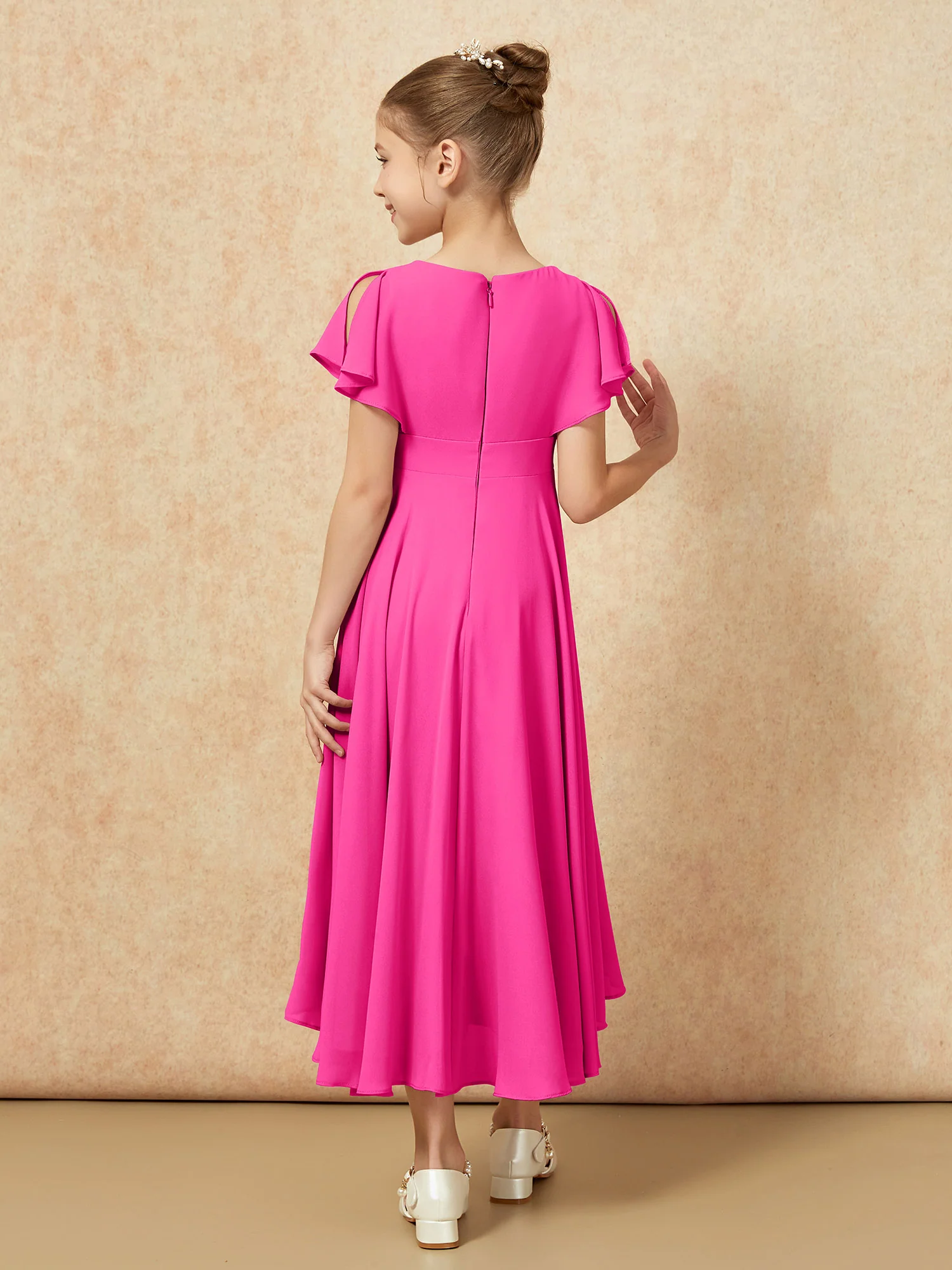 V-neck Chiffon Asymmetrical Junior Bridesmaid Dresses Fuchsia - Image 2