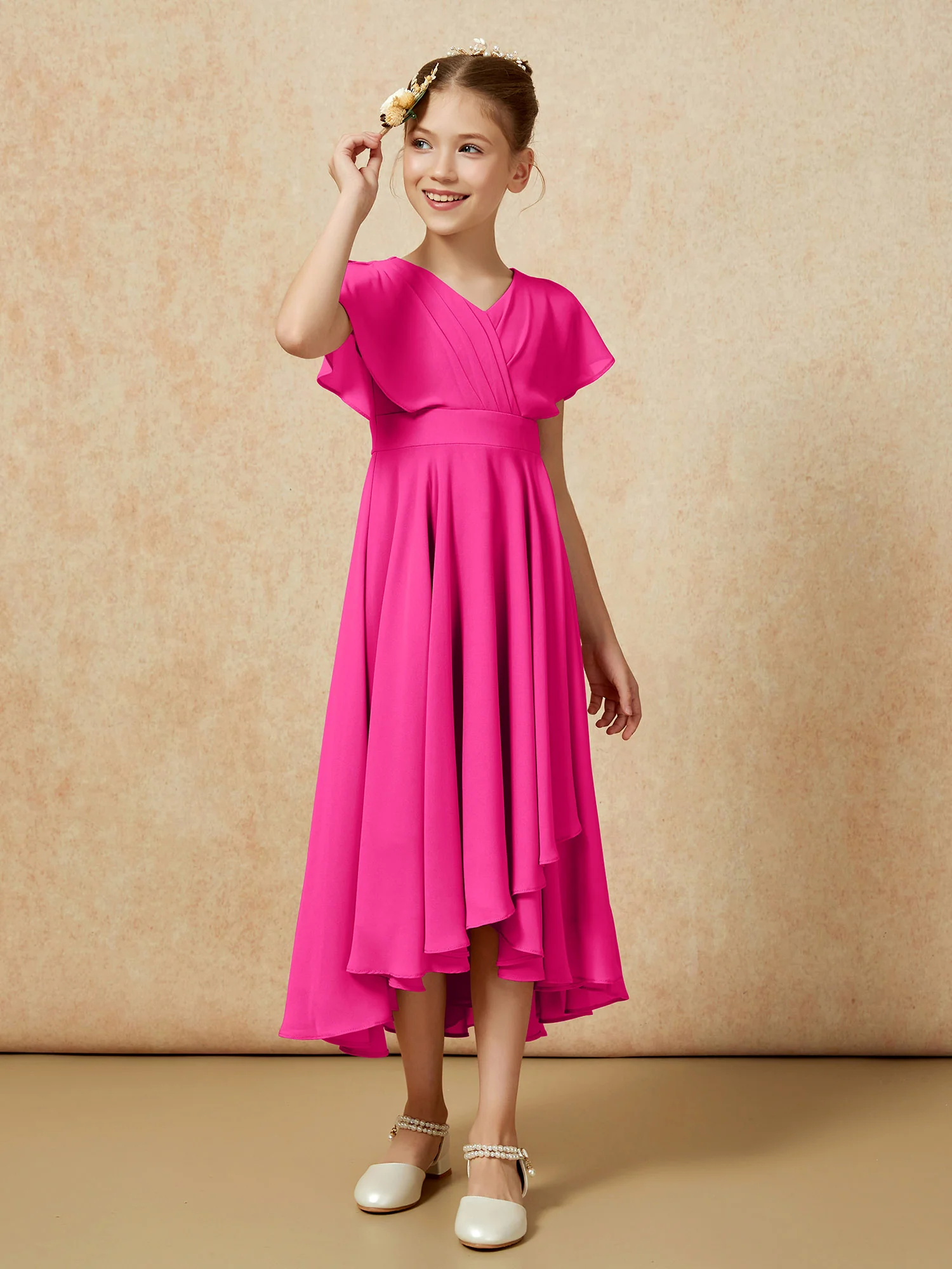 V-neck Chiffon Asymmetrical Junior Bridesmaid Dresses Fuchsia - Image 3