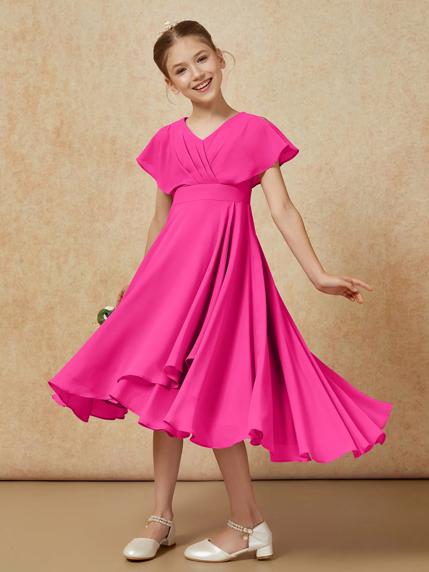 V-neck Chiffon Asymmetrical Junior Bridesmaid Dresses Fuchsia - Image 4