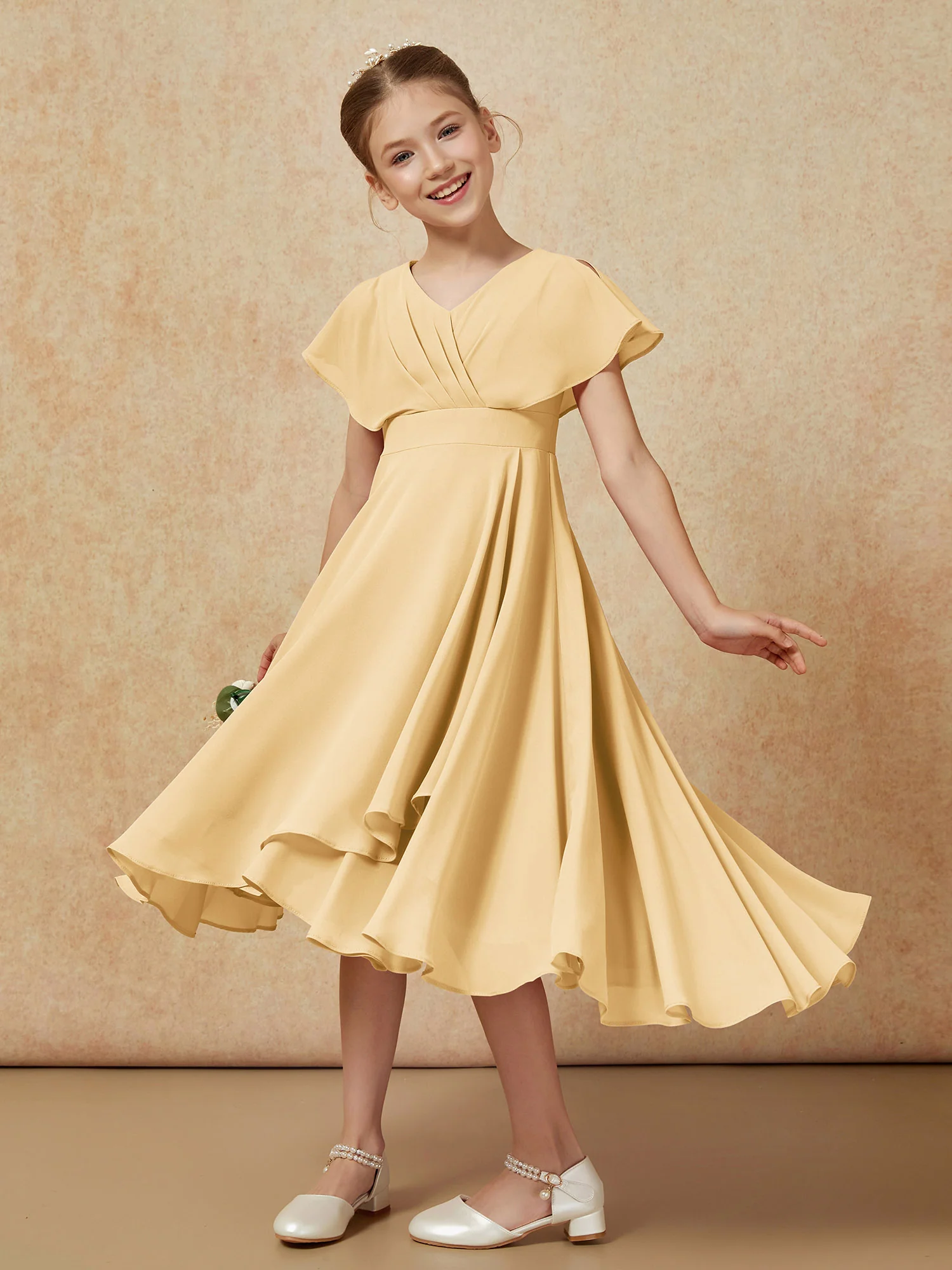 V-neck Chiffon Asymmetrical Junior Bridesmaid Dresses Gold - Image 4