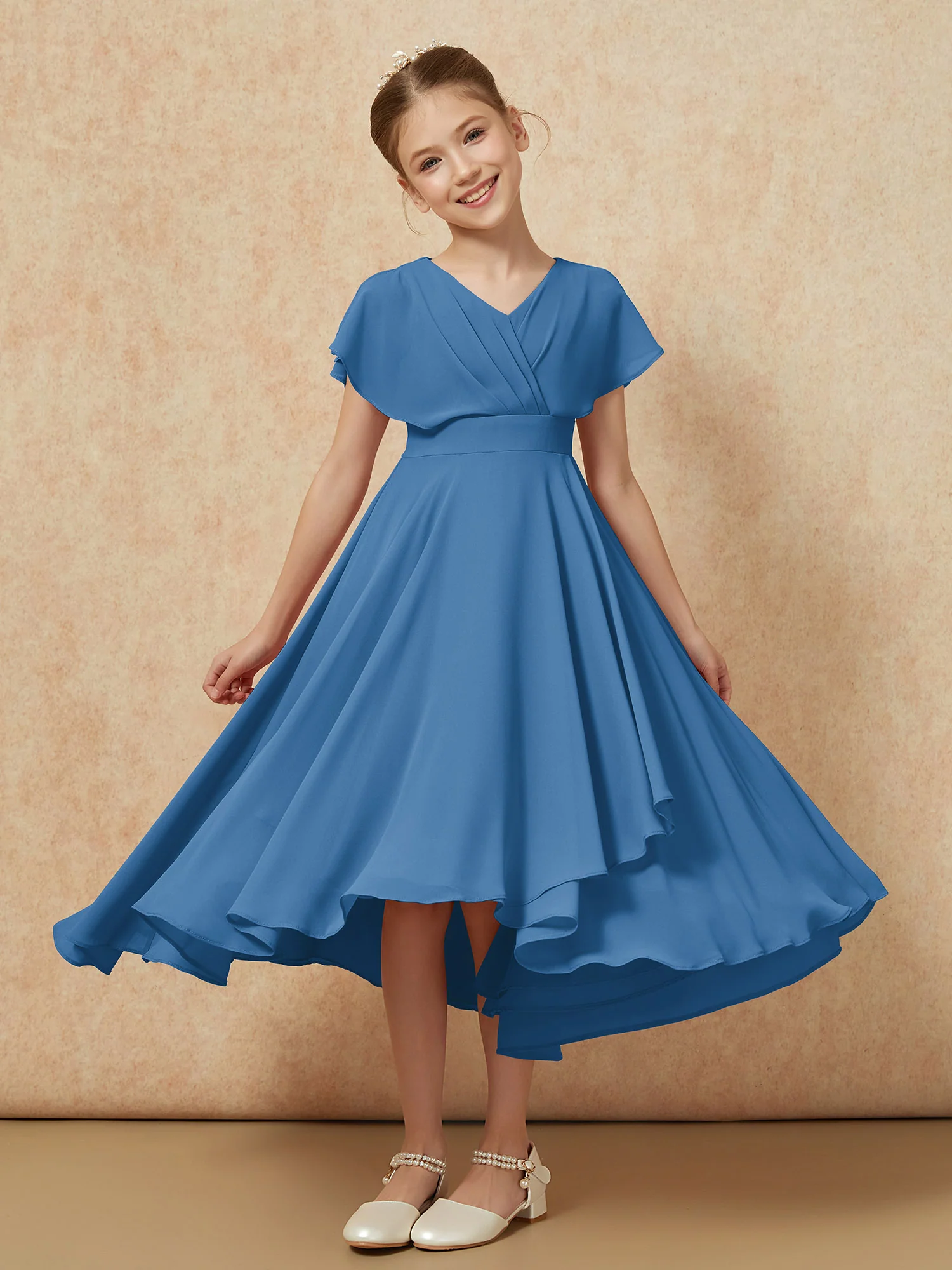 V-neck Chiffon Asymmetrical Junior Bridesmaid Dresses Ink Blue