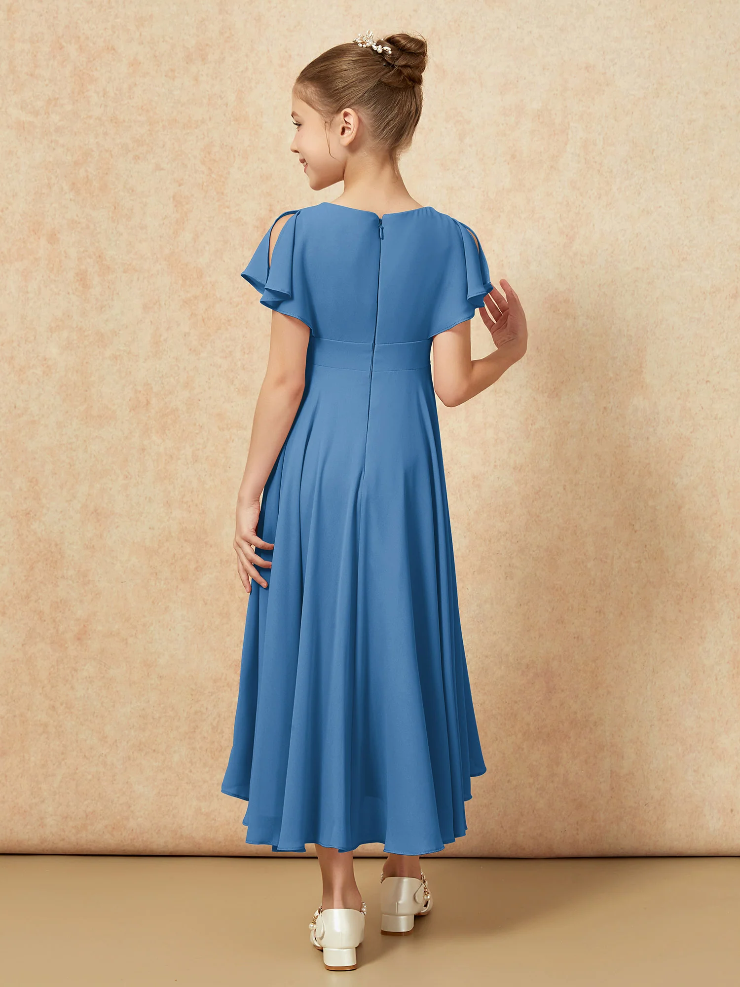V-neck Chiffon Asymmetrical Junior Bridesmaid Dresses Ink Blue - Image 2