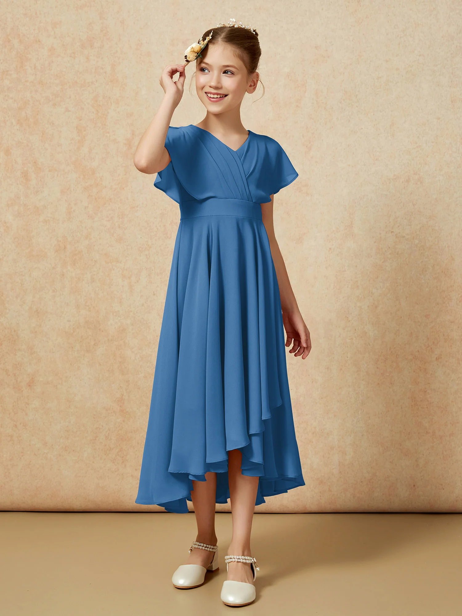 V-neck Chiffon Asymmetrical Junior Bridesmaid Dresses Ink Blue - Image 3