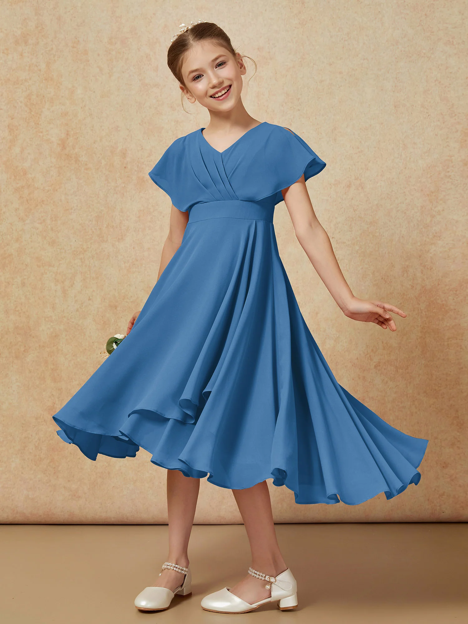 V-neck Chiffon Asymmetrical Junior Bridesmaid Dresses Ink Blue - Image 4