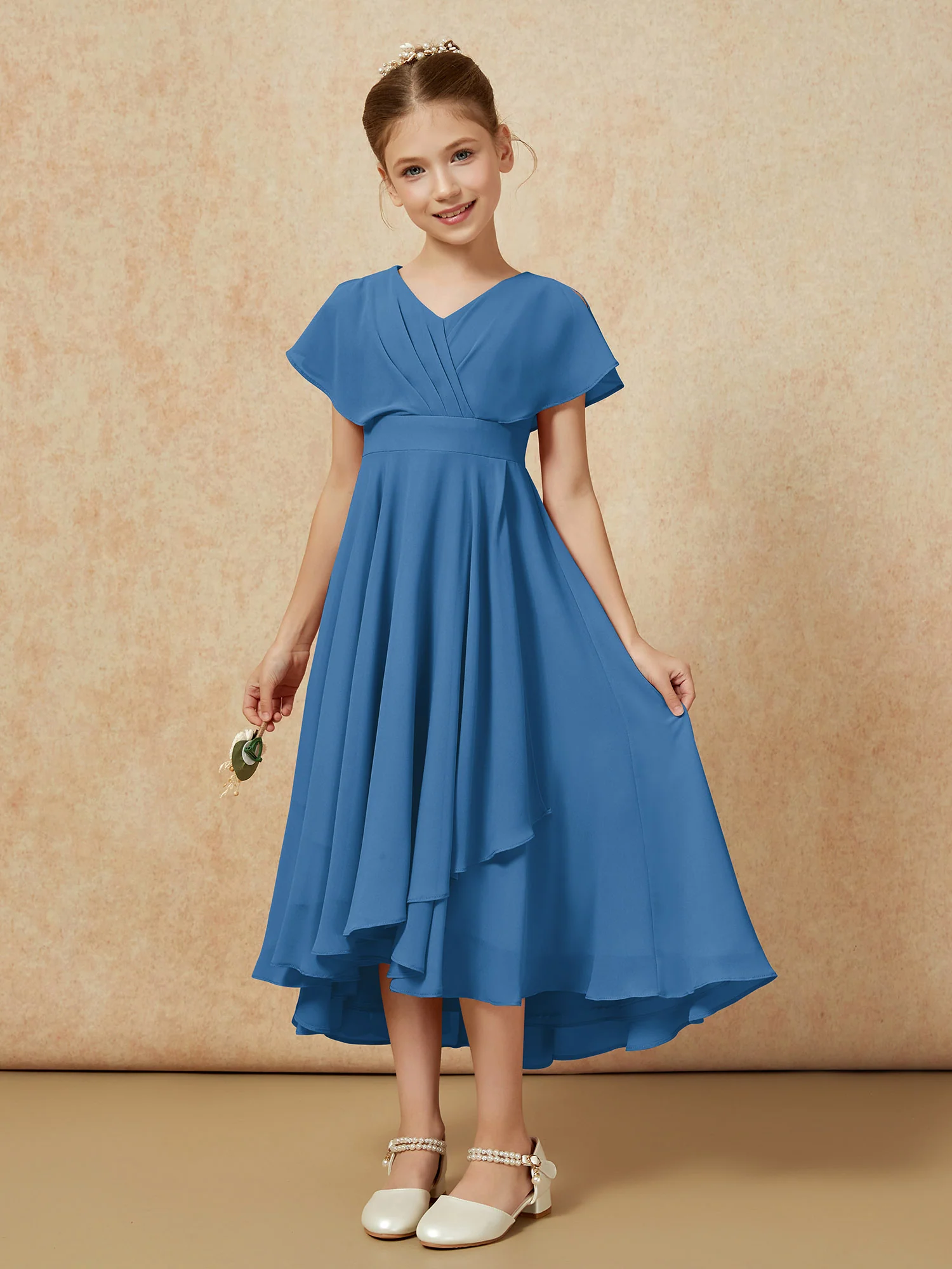V-neck Chiffon Asymmetrical Junior Bridesmaid Dresses Ink Blue - Image 5
