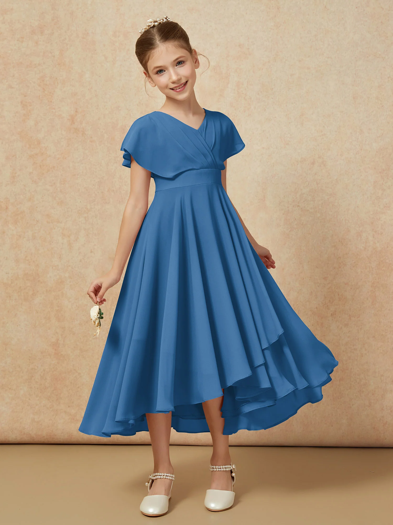 V-neck Chiffon Asymmetrical Junior Bridesmaid Dresses Ink Blue - Image 6