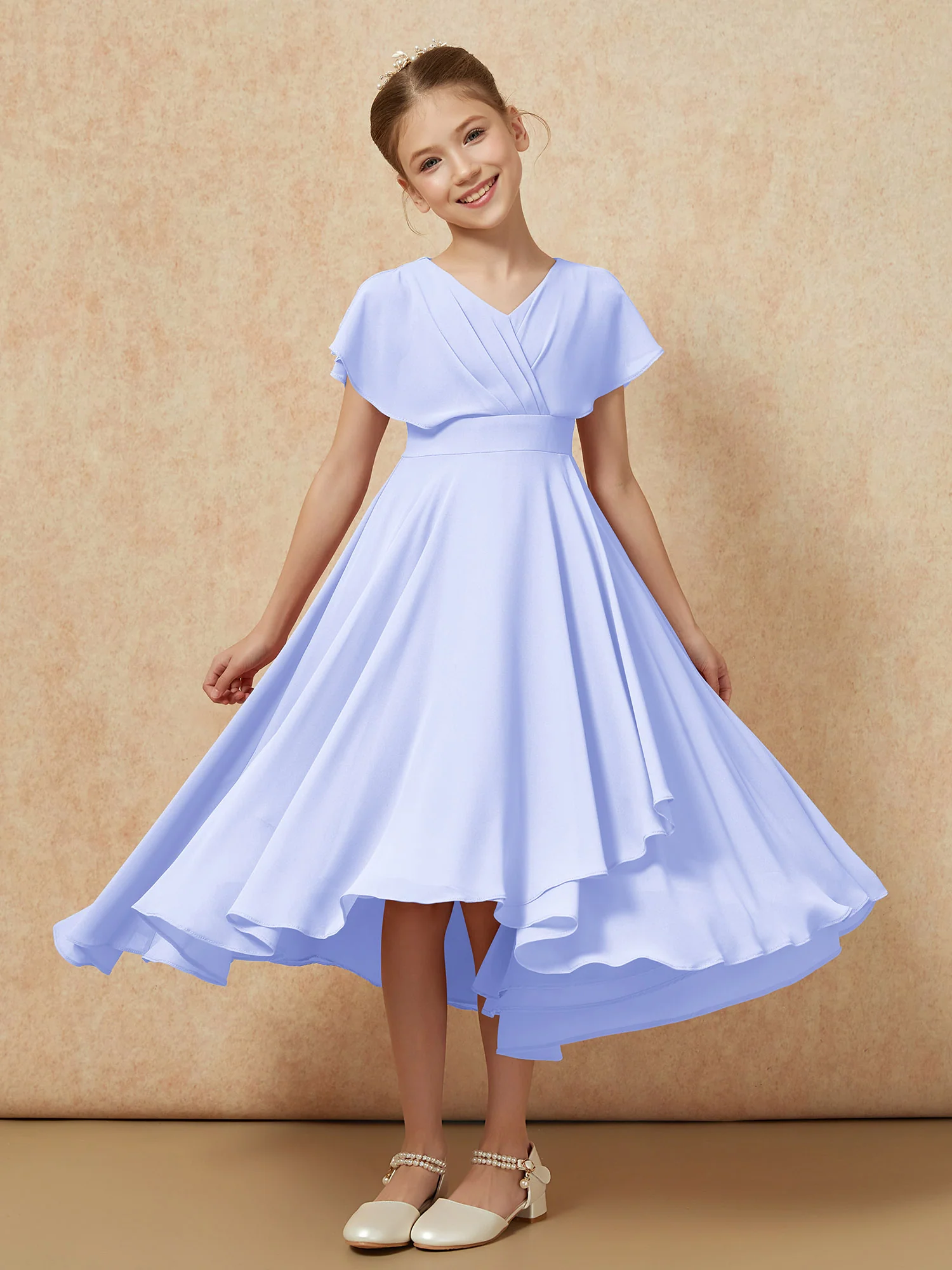 V-neck Chiffon Asymmetrical Junior Bridesmaid Dresses Lavender