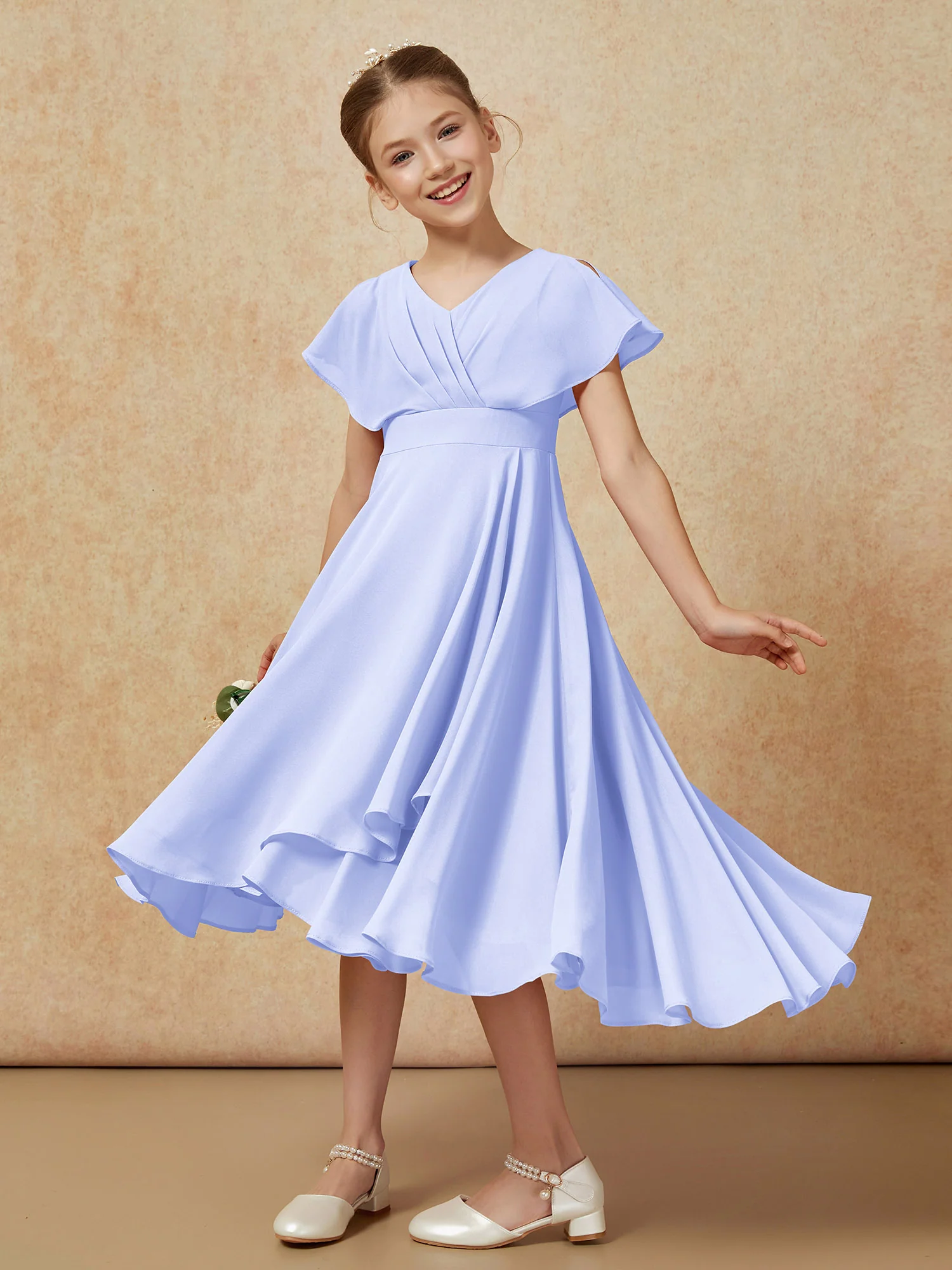 V-neck Chiffon Asymmetrical Junior Bridesmaid Dresses Lavender - Image 4