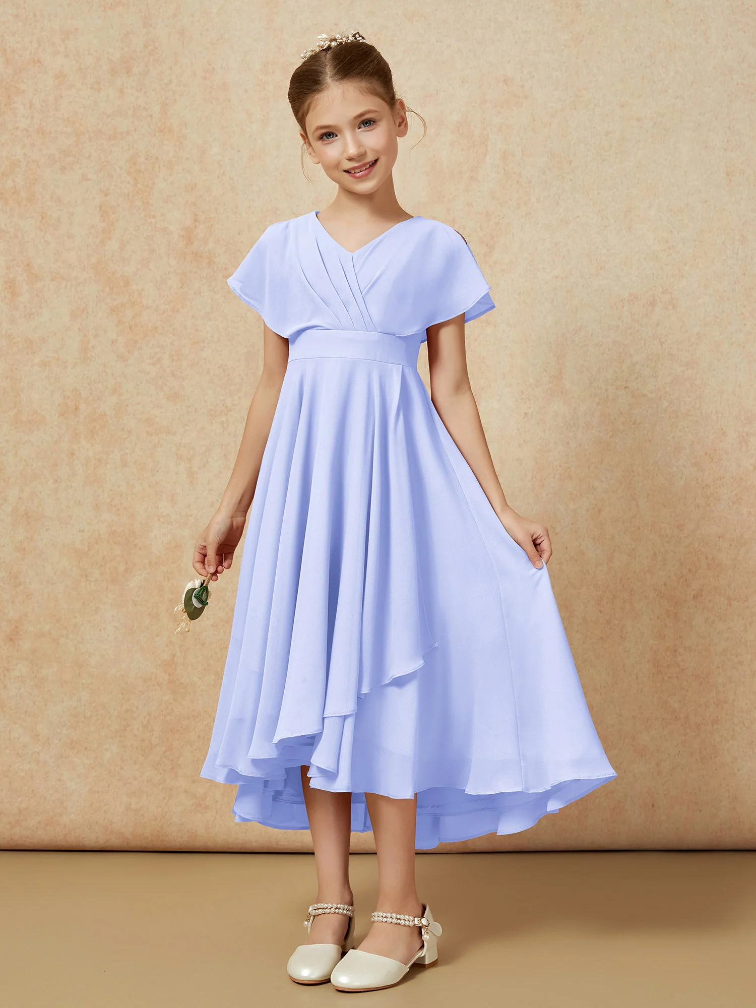 V-neck Chiffon Asymmetrical Junior Bridesmaid Dresses Lavender - Image 5