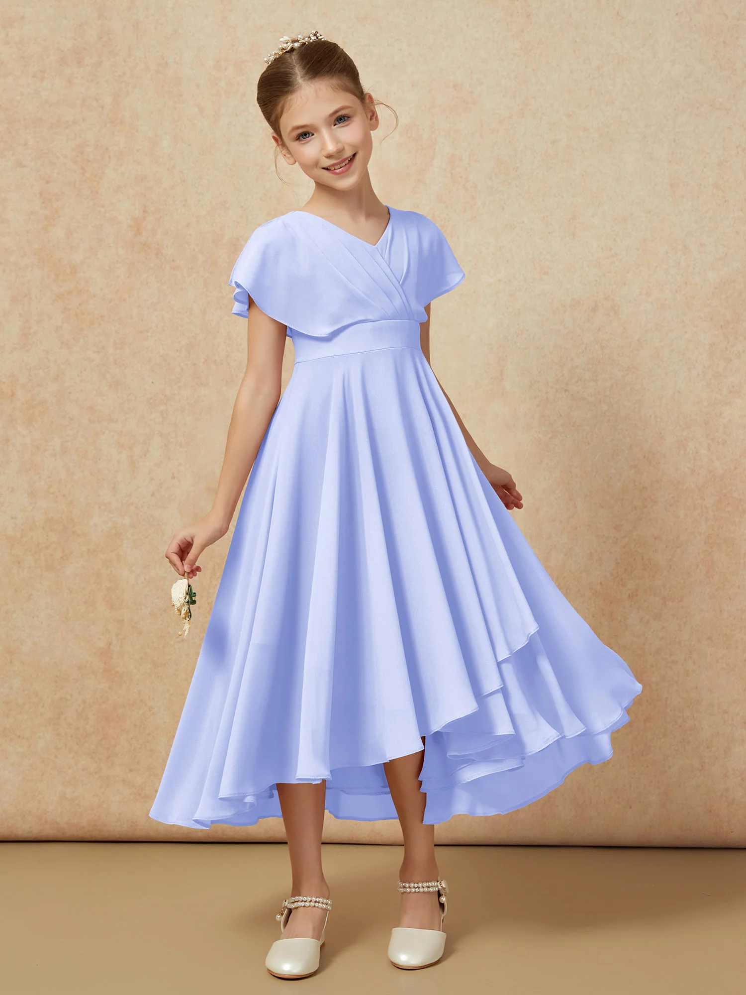 V-neck Chiffon Asymmetrical Junior Bridesmaid Dresses Lavender - Image 6
